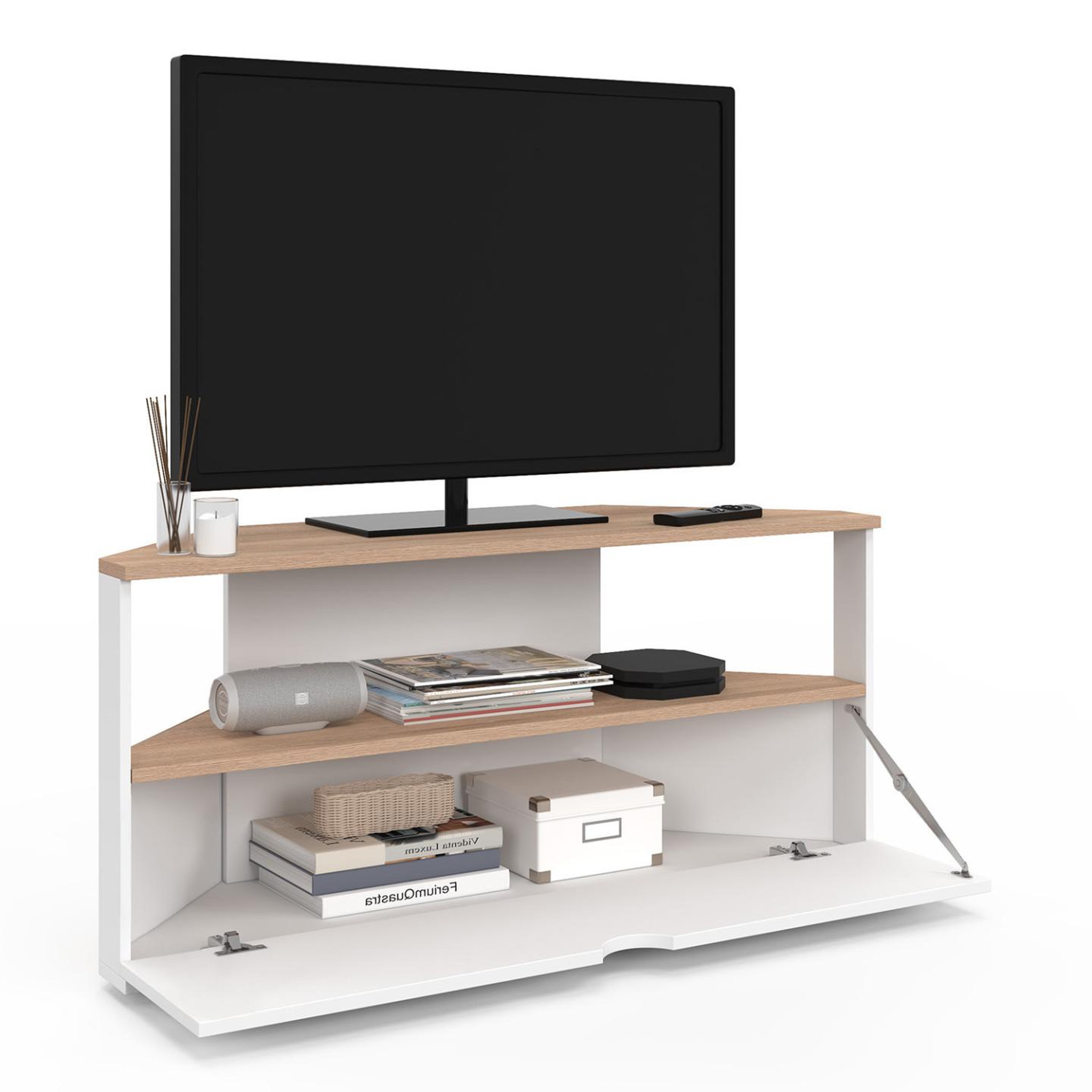 Voir la diapositive 4 : ID MARKET Meuble tv 100 cm d'angle eli bois façon hêtre et blanc