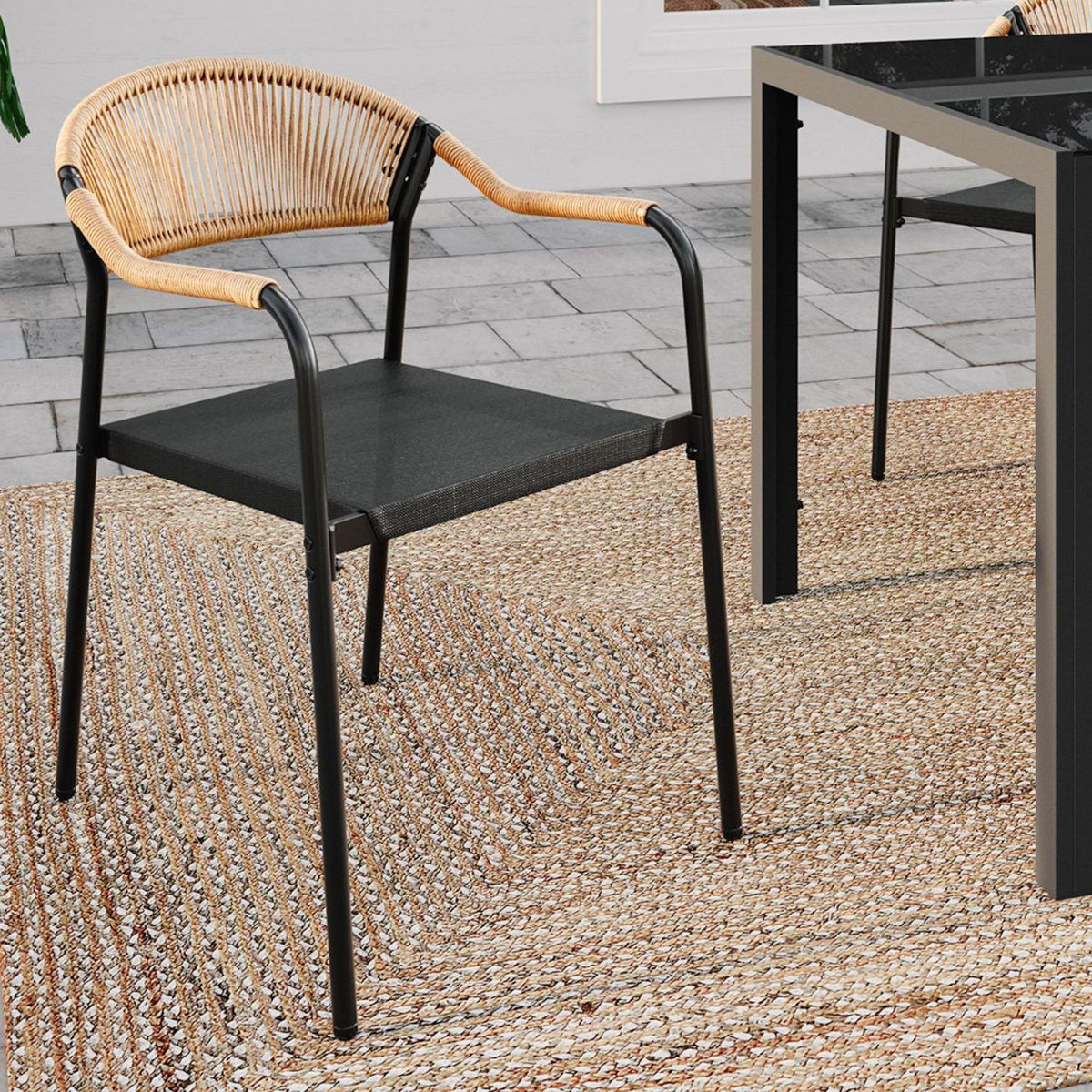 ID MARKET Lot de 6 chaises de jardin MADEIRA métal, cordage et textilène noir et rotin clair