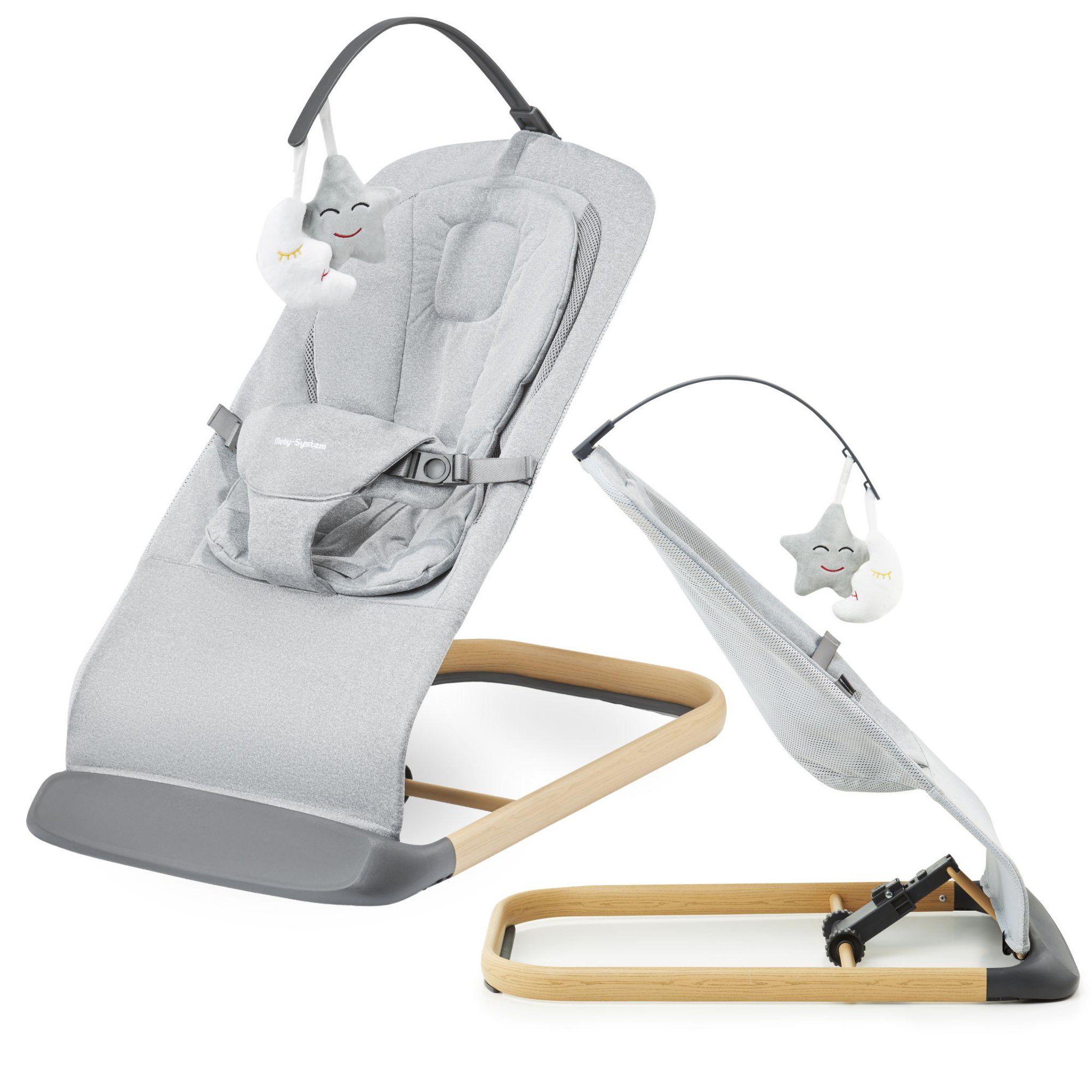 MOBY SYSTEM Transat Bébé Chaise à Bascule Réglable 3 Positions 9 kg, Avec Arceau amovible, peluches, Ceinture