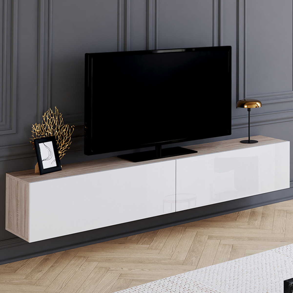 ID MARKET Meuble TV 180 cm suspendu ELIO 2 portes bois et blanc