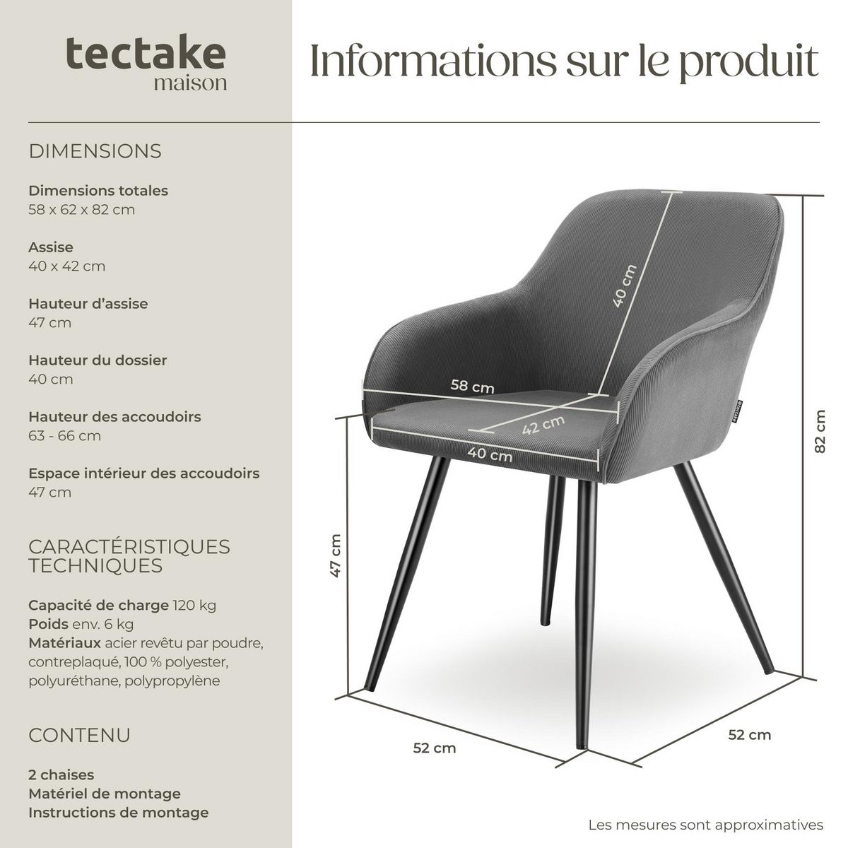 tectake Chaise de salle à manger rembourrée en velours côtelé gris/noir Lot de 2