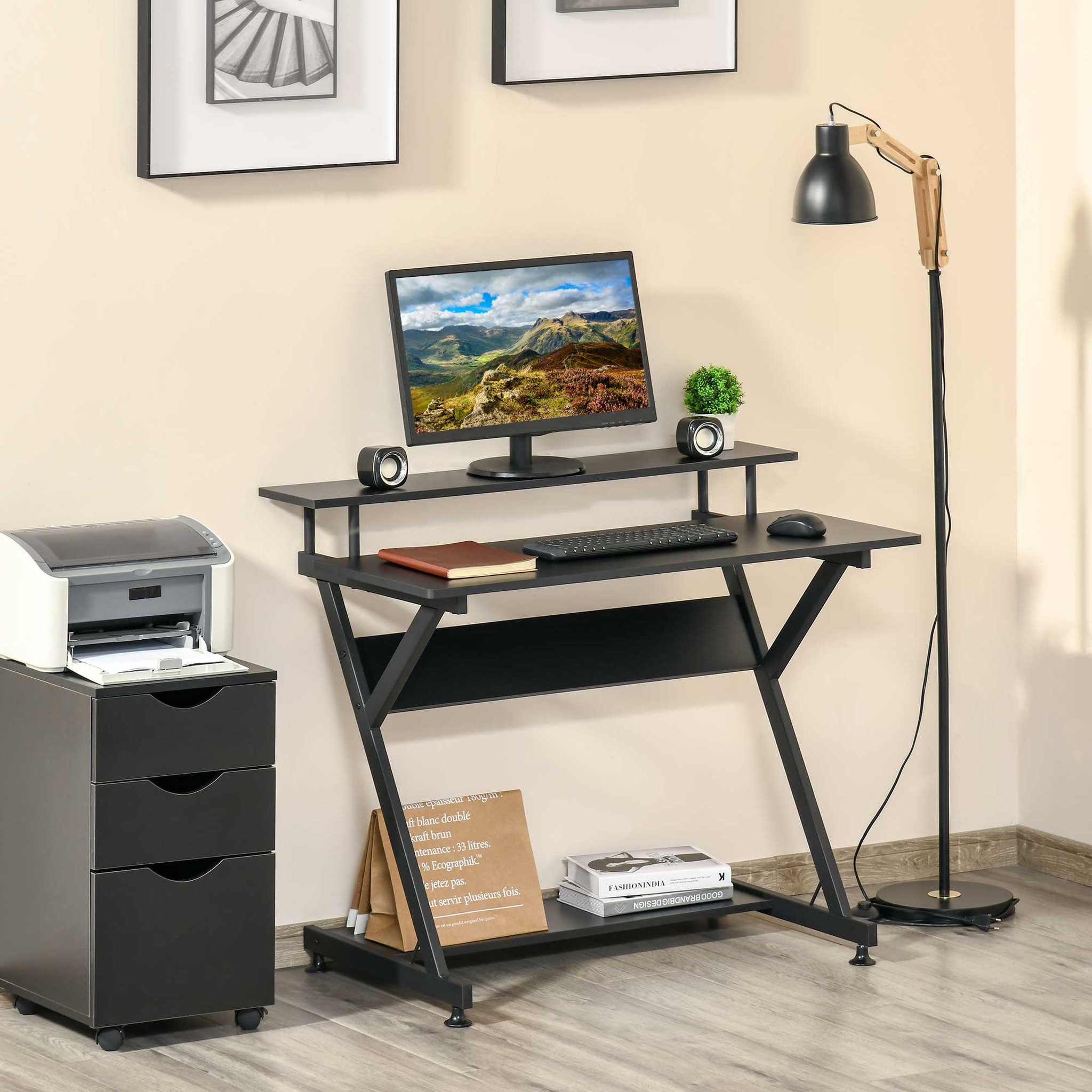 Voir la diapositive 2 : HOMCOM Bureau informatique gamer avec étagères dim. 100L x 60l x 85,5H cm MDF métal noir