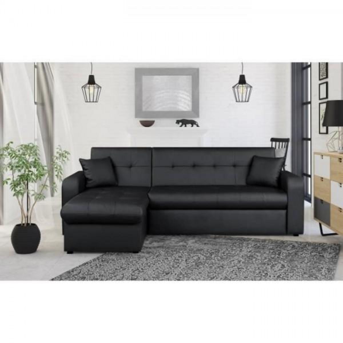 MARKET24 Canapé d'angle réversible convertible 3 places - Simili noir - Contemporain - L 235 x P 85 - 153 cm - ROMAN