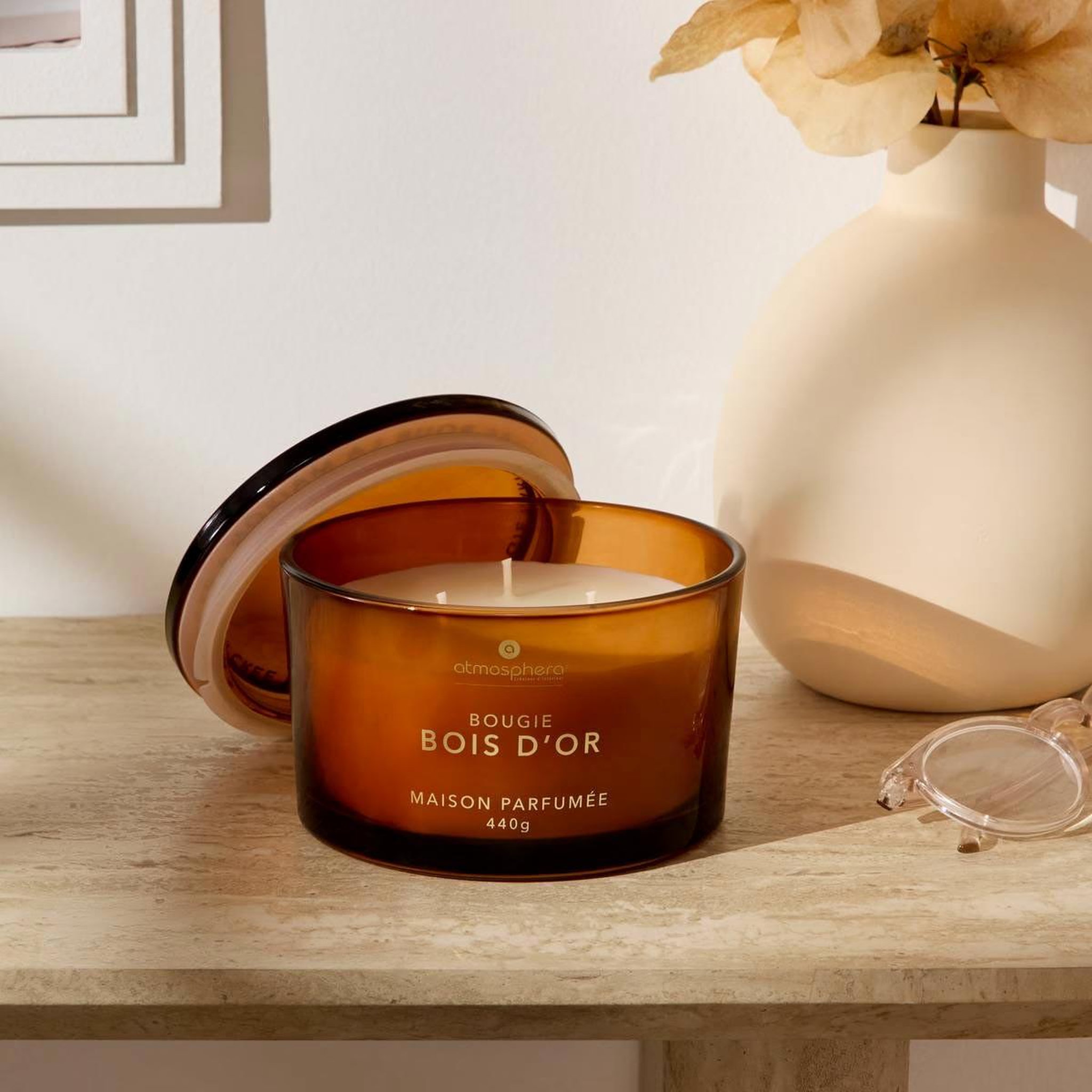 Voir la diapositive 3 : ATMOSPHERA Bougie parfumée en verre  glowy  440g bois d'or