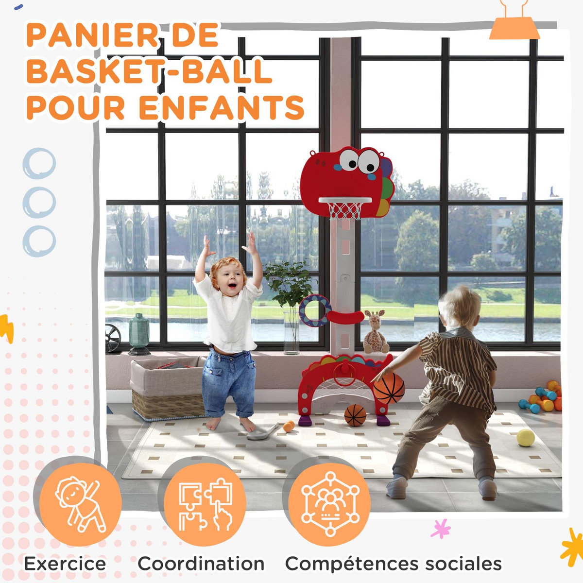 HOMCOM Panier de basket enfant multifonction design dino 3-6 ans - but, golf, 2 jeux de lancer - hauteur réglable - HDPE gris rouge