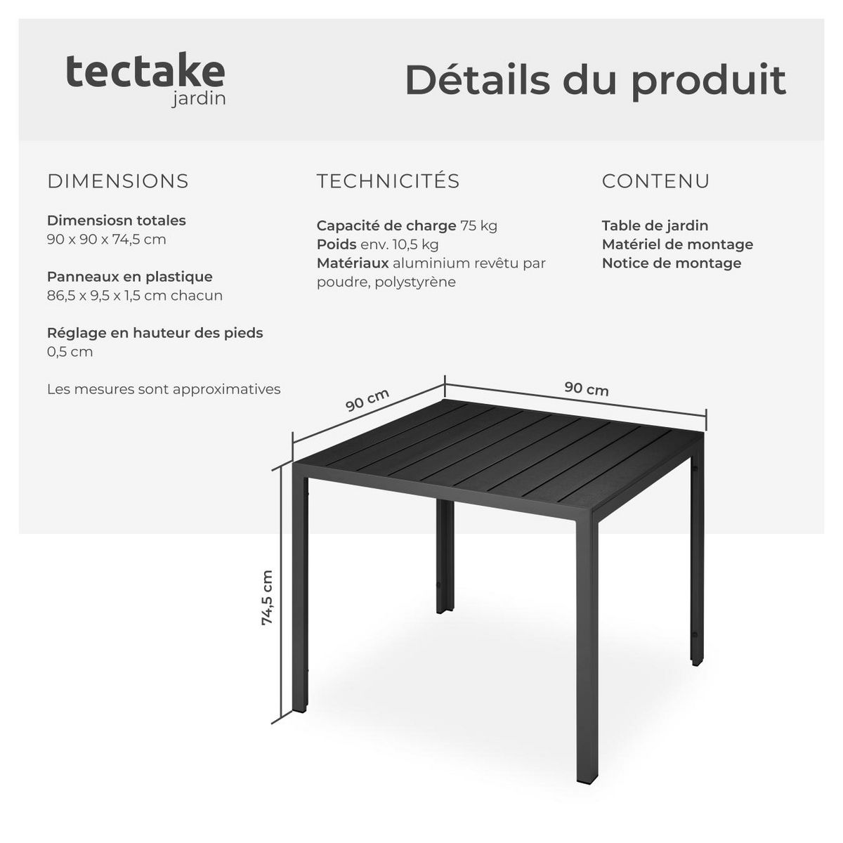 tectake Table de jardin en aluminium et plastique noir