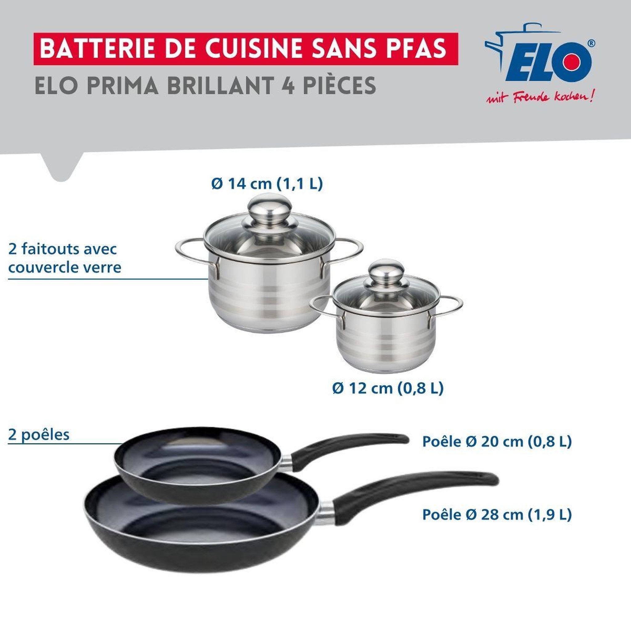 Voir la diapositive 2 : ELO Ensemble de 2 poêles de cuisson 20 et 28 cm et 2 faitouts 12 et 14 cm elo prima brillant