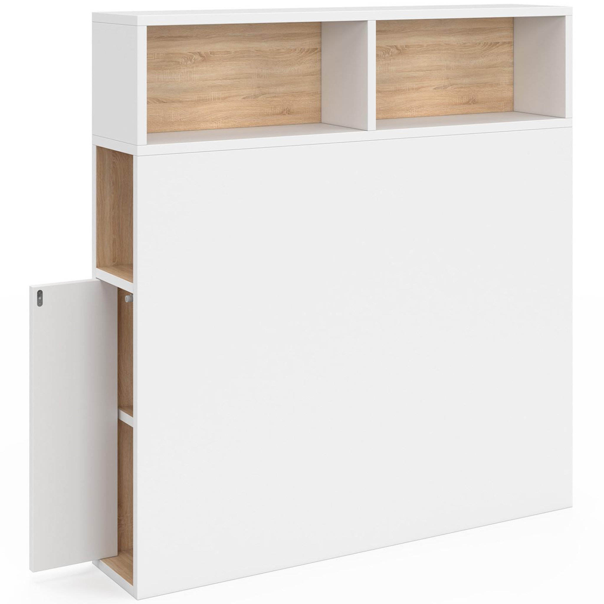 Voir la diapositive 4 : ID MARKET Tête de lit sur pied CLEO 95 cm avec rangements fermés et niches blanc et façon hêtre