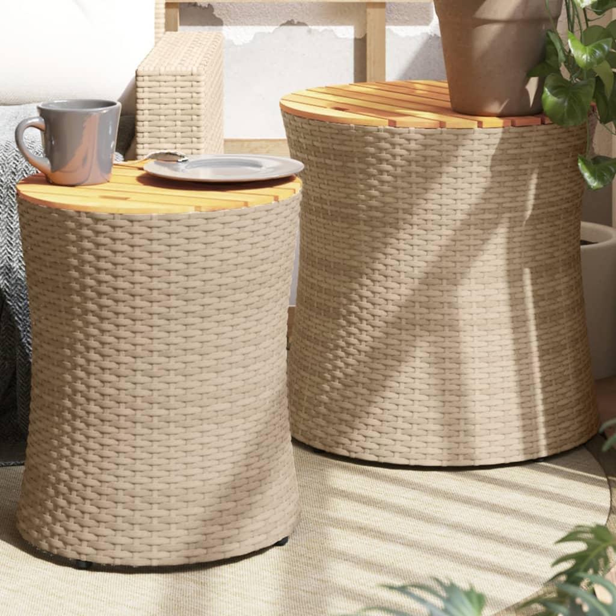 VIDAXL Tables d'appoint de jardin 2pcs dessus en bois beige poly rotin