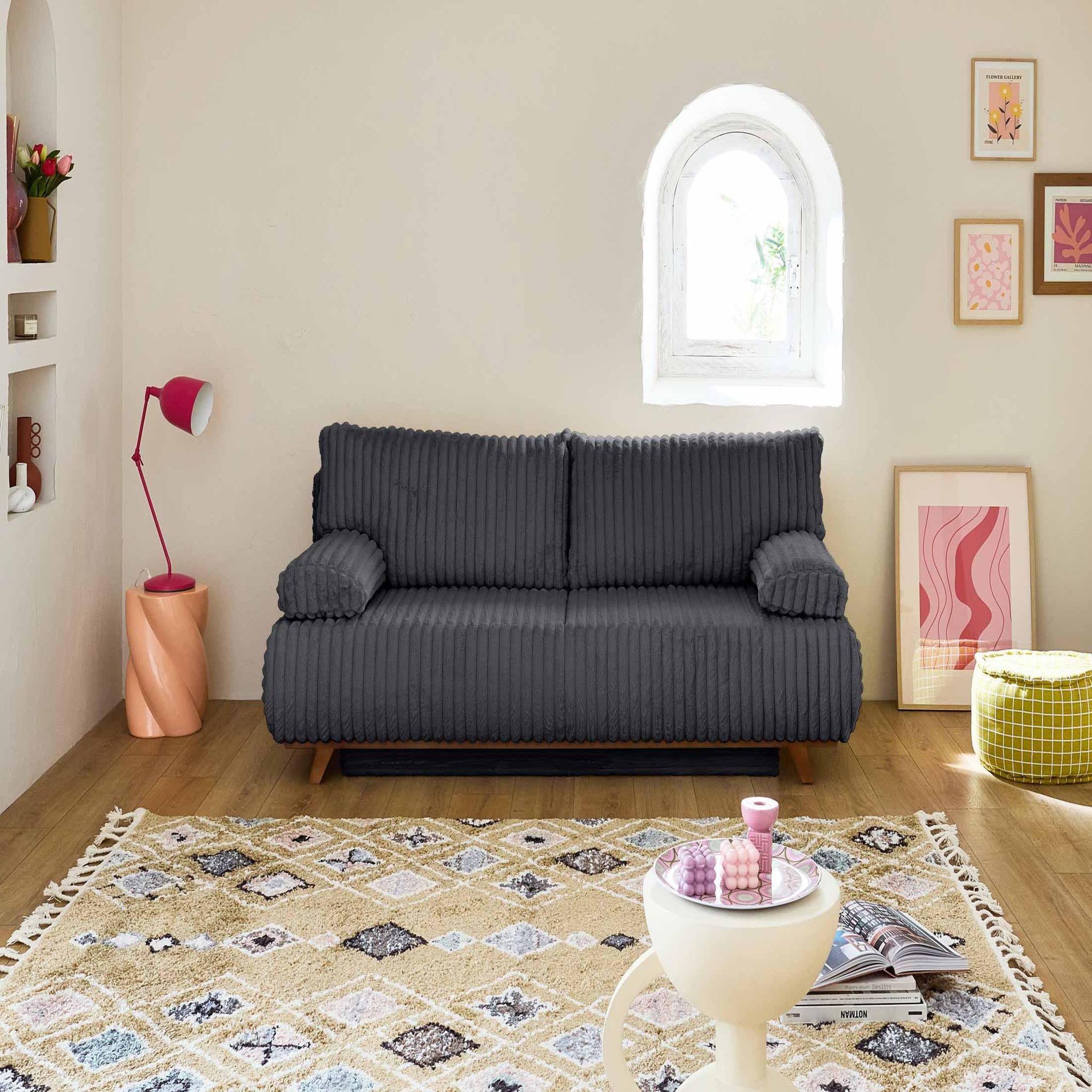 Voir la diapositive 2 : BEST MOBILIER Cristal - canapé 3 places - convertible avec coffre et grand pouf - en fausse fourrure côtelée