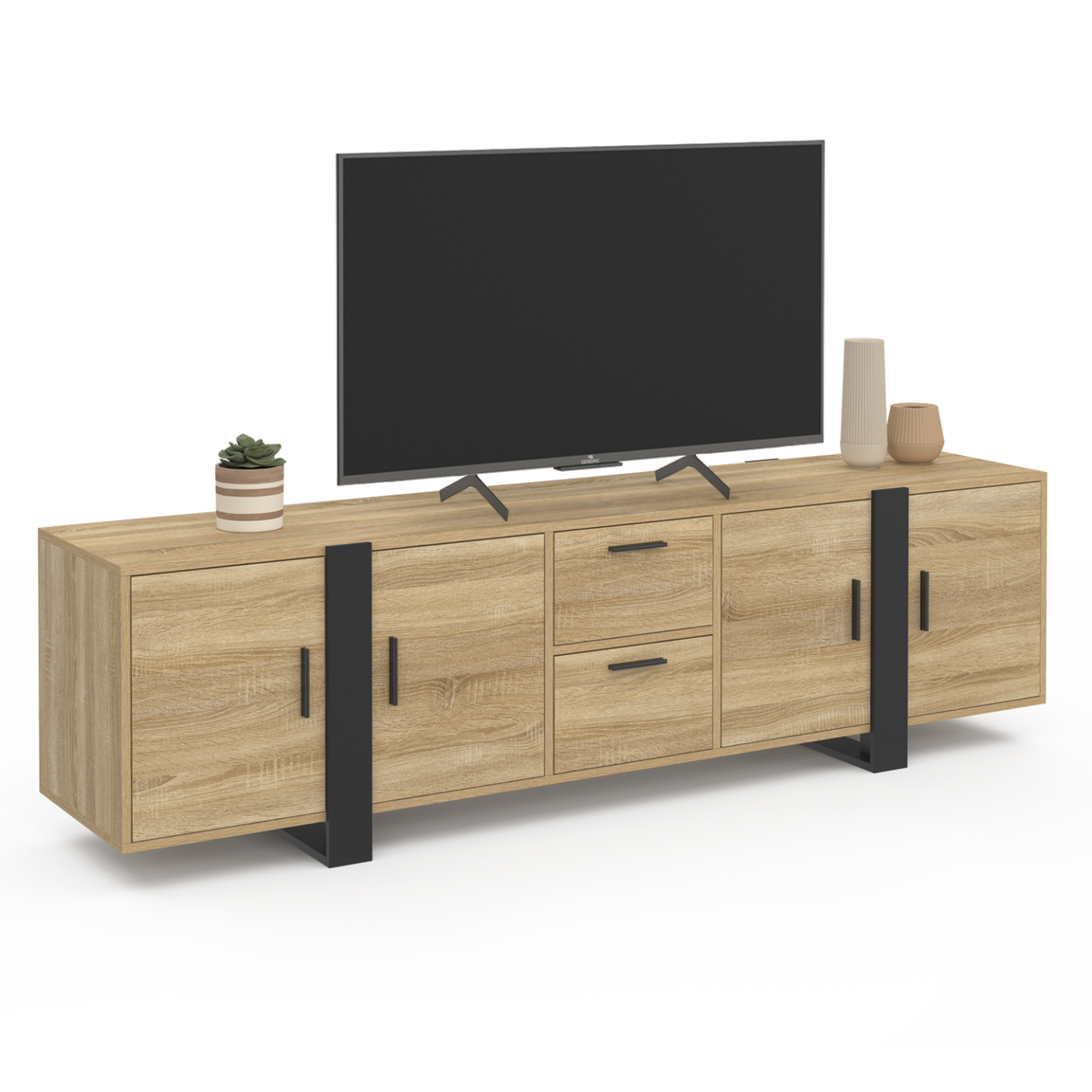 ID MARKET Meuble tv 180 cm phoenix avec rangements bois et noir