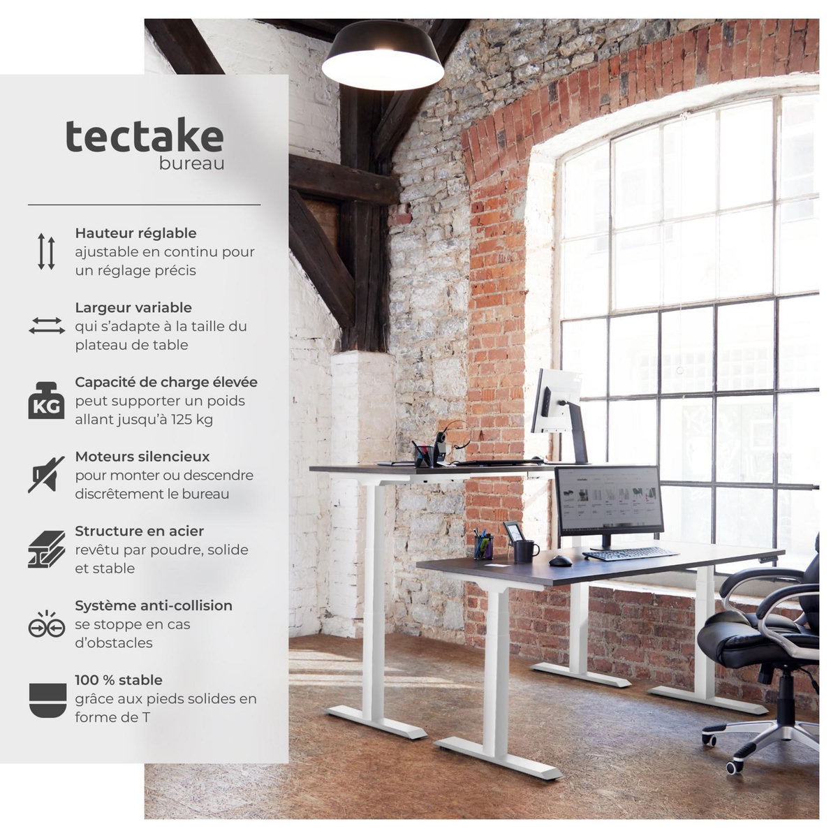 tectake Bureau assis debout réglable en hauteur électriquement avec 2 moteurs