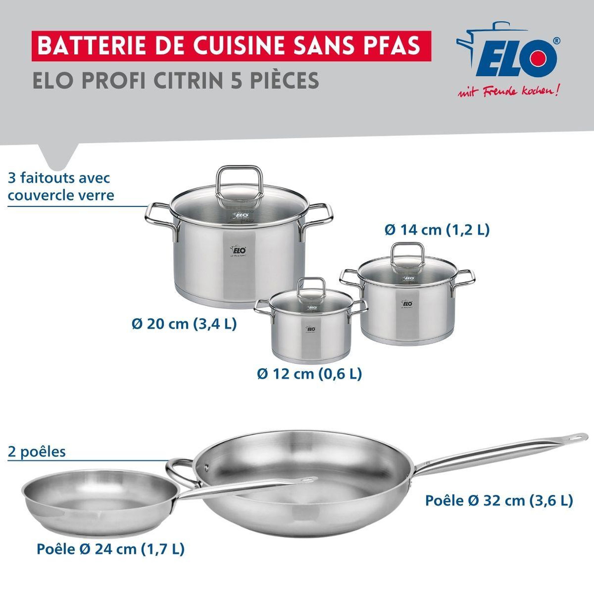 Voir la diapositive 2 : ELO Ensemble de 2 Poêles de cuisson 24 et 32 cm et 3 faitouts 12, 14 et 20 cm Elo Profi Citrin