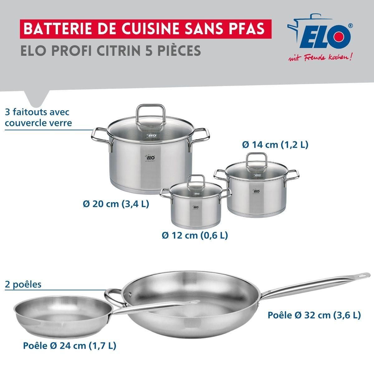ELO Ensemble de 2 Poêles de cuisson 24 et 32 cm et 3 faitouts 12, 14 et 20 cm Elo Profi Citrin