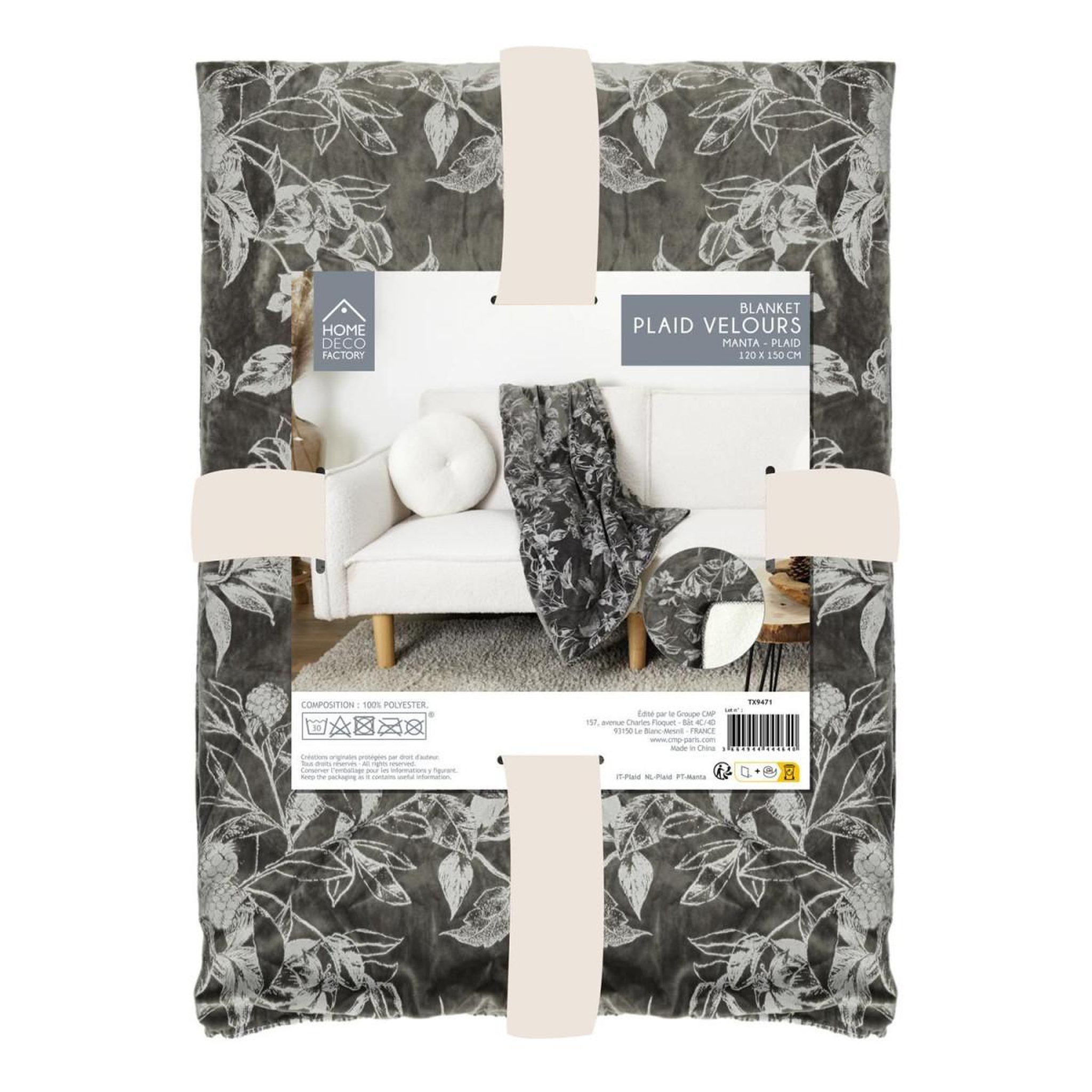 Voir la diapositive 5 : The Home Deco Factory Plaid velours imprimé  végétal  120x150cm gris