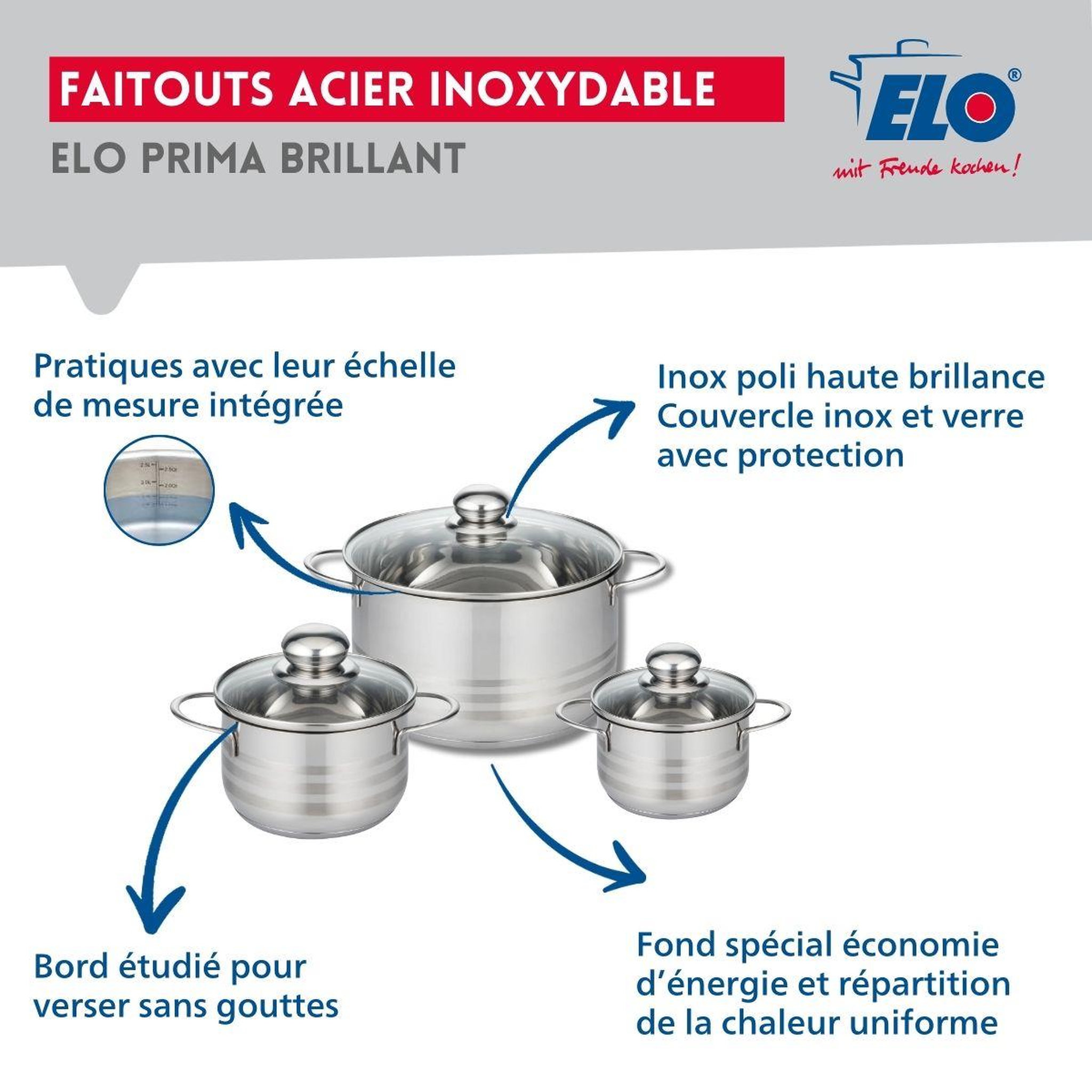 Voir la diapositive 3 : ELO Ensemble de 1 poêle de cuisson 24 cm et 3 faitouts 12, 14 et 20 cm elo prima brillant