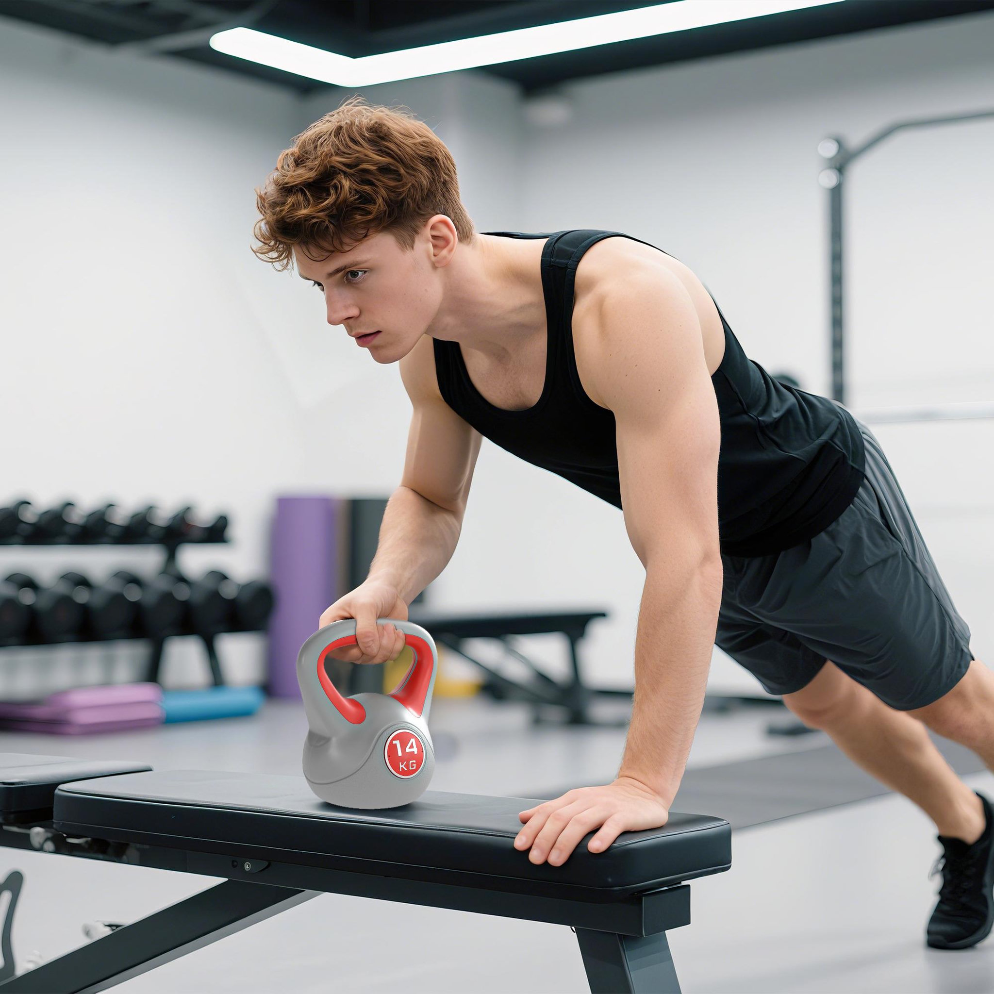 Voir la diapositive 2 : HOMCOM Kettlebell 14 kg - haltère boule - poignée ergonomique - pu gris rouge
