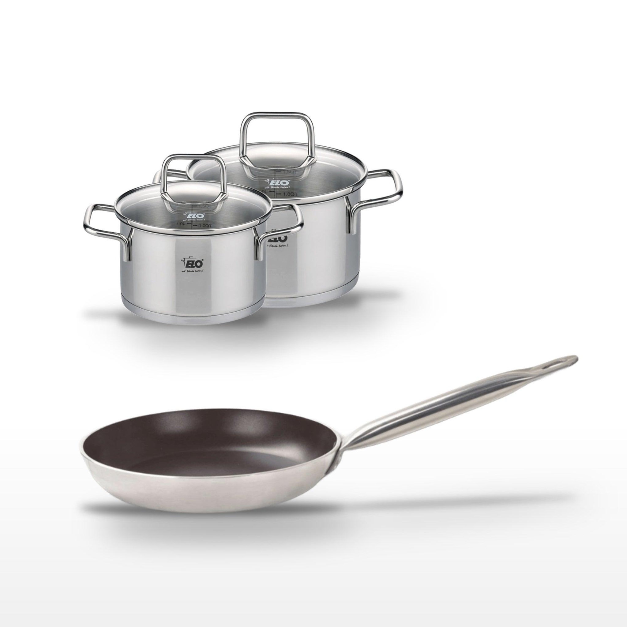 ELO Lot poêle 28 cm avec revêtement céramique sans pfas & 2 faitouts 14/16 cm elo bistro line citrin