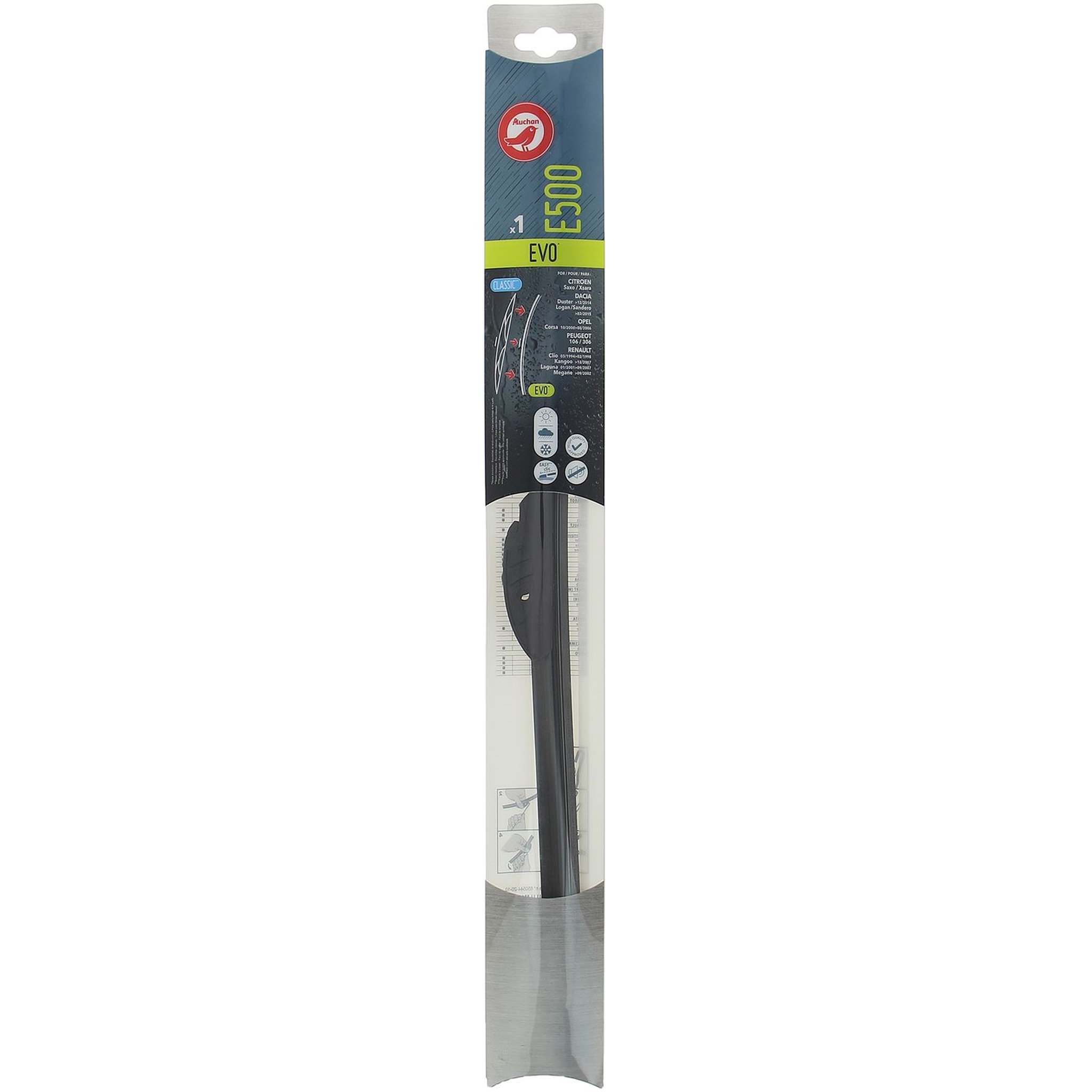 Voir la diapositive 2 : AUCHAN Balai d'essuie-glace EVO E500 50cm pour CITROËN DACIA OPEL PEUGEOT RENAULT