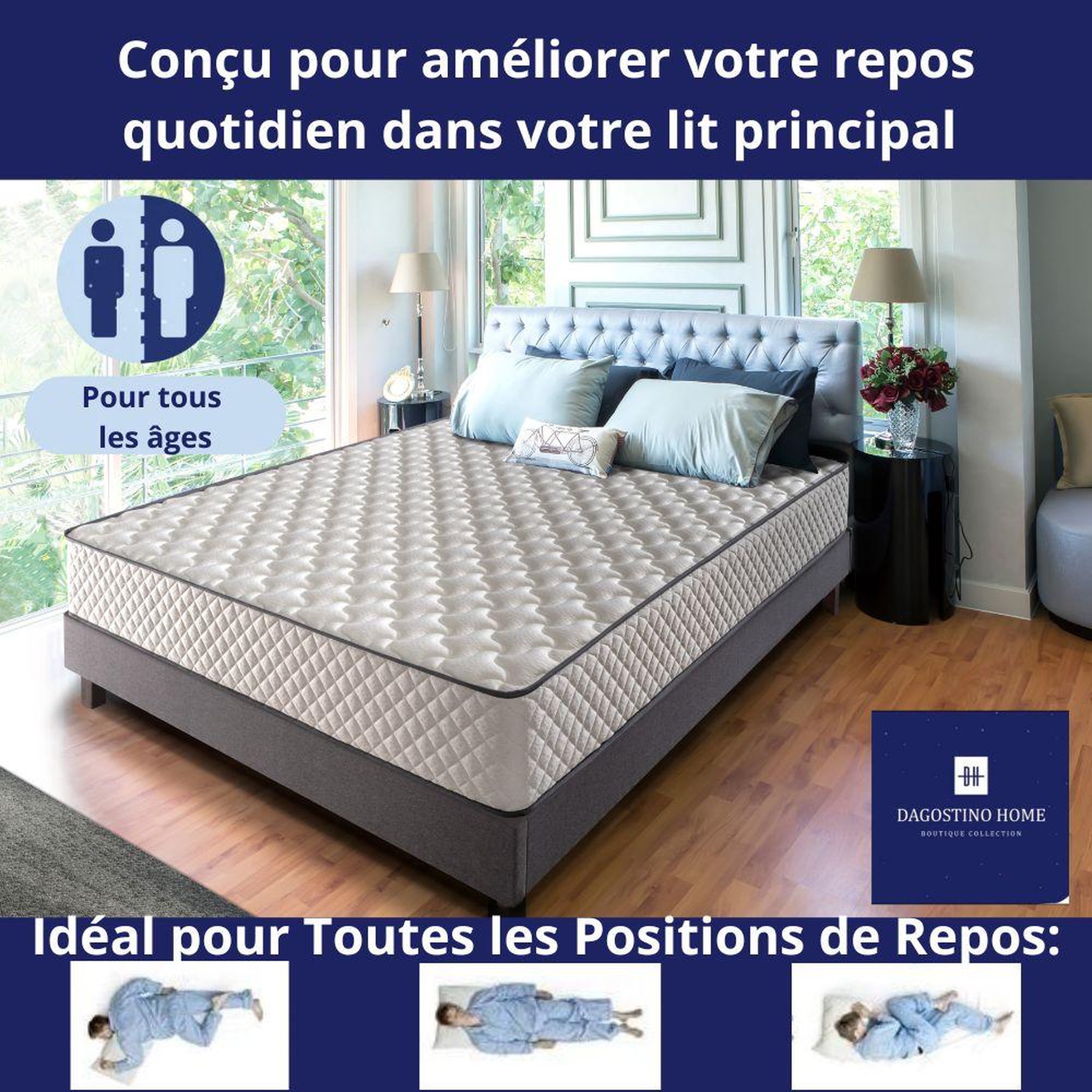 Voir la diapositive 3 : DAGOSTINO HOME Matelas 80x190 cm, DAGOSTINO | Très épais 20 cm Soutien Parfait et Tonique| Mousse HR Luxe Confort Haute Résilience | Extra Ferme + Réversible  à Deux Faces (été-hiver) + Indépendance du Couchage + Respirant et Durable