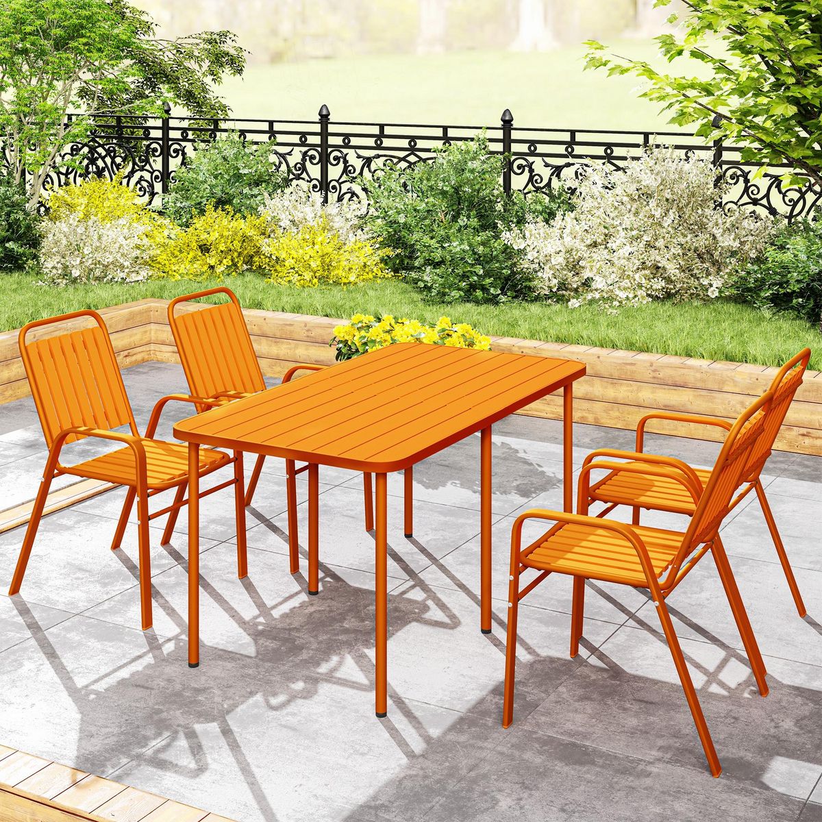 OUTSUNNY Lot de 4 chaises de jardin empilables design néo-rétro avec hauts dossiers accoudoirs acier époxy orange