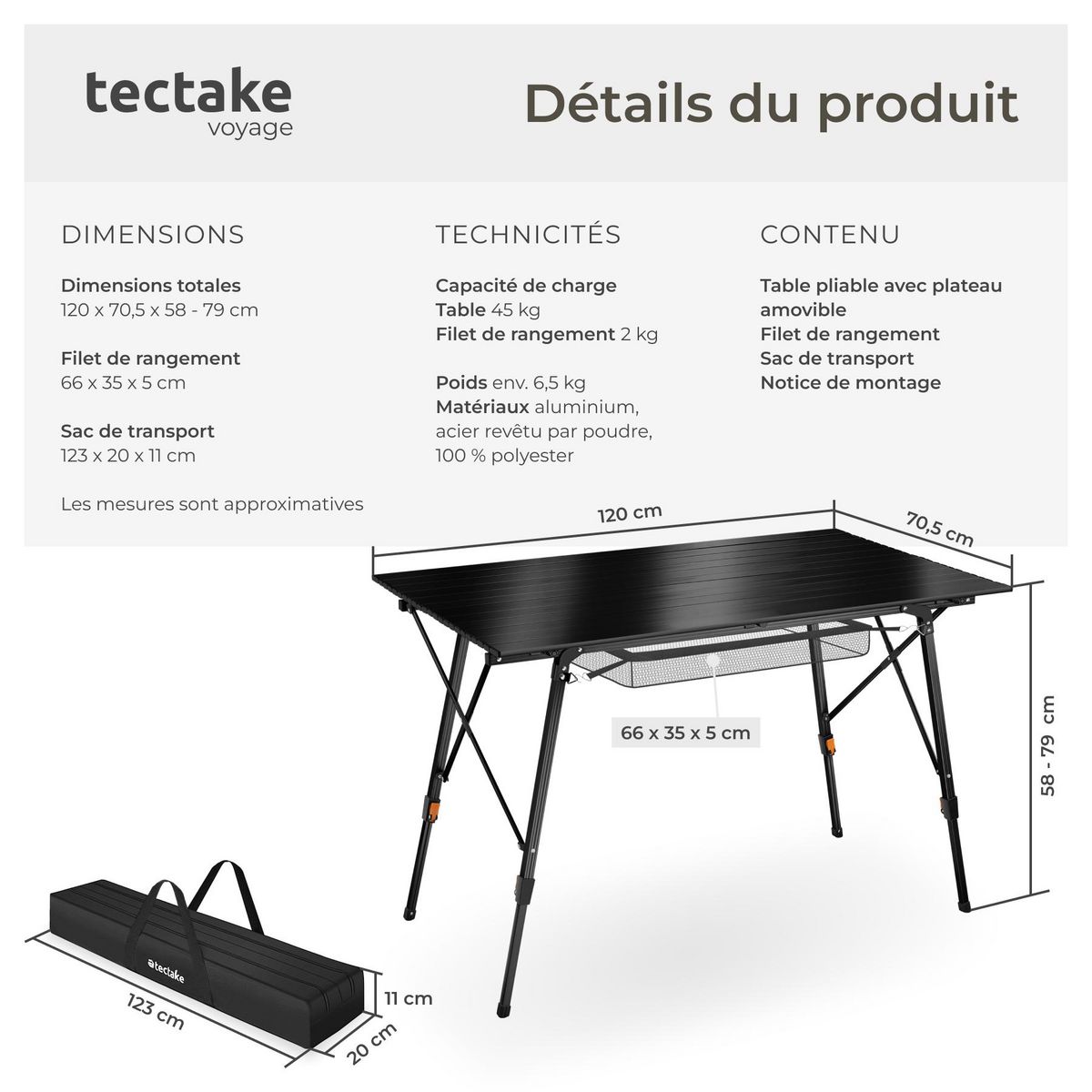 tectake Table de camping pliante noir