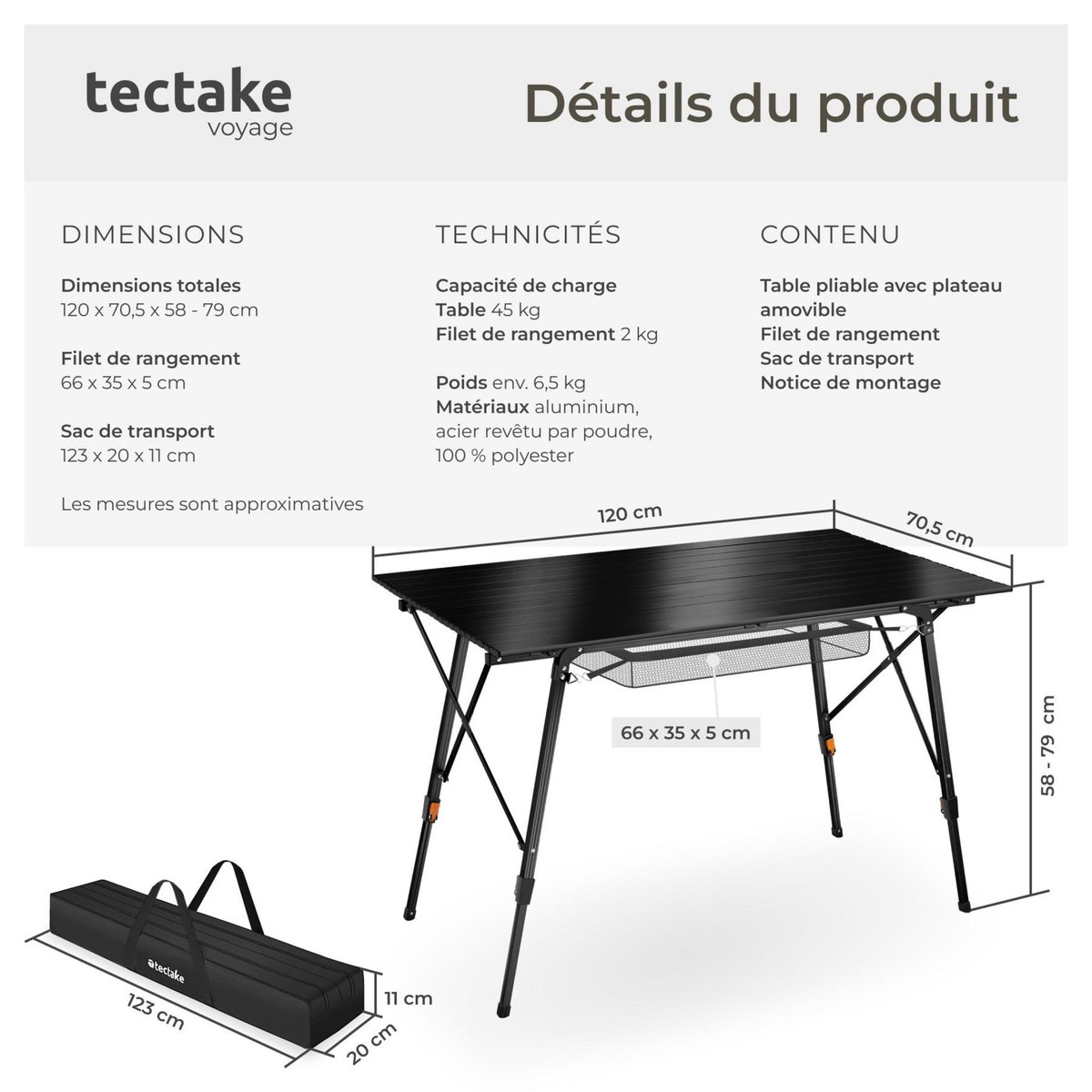 tectake Table de camping pliante noir