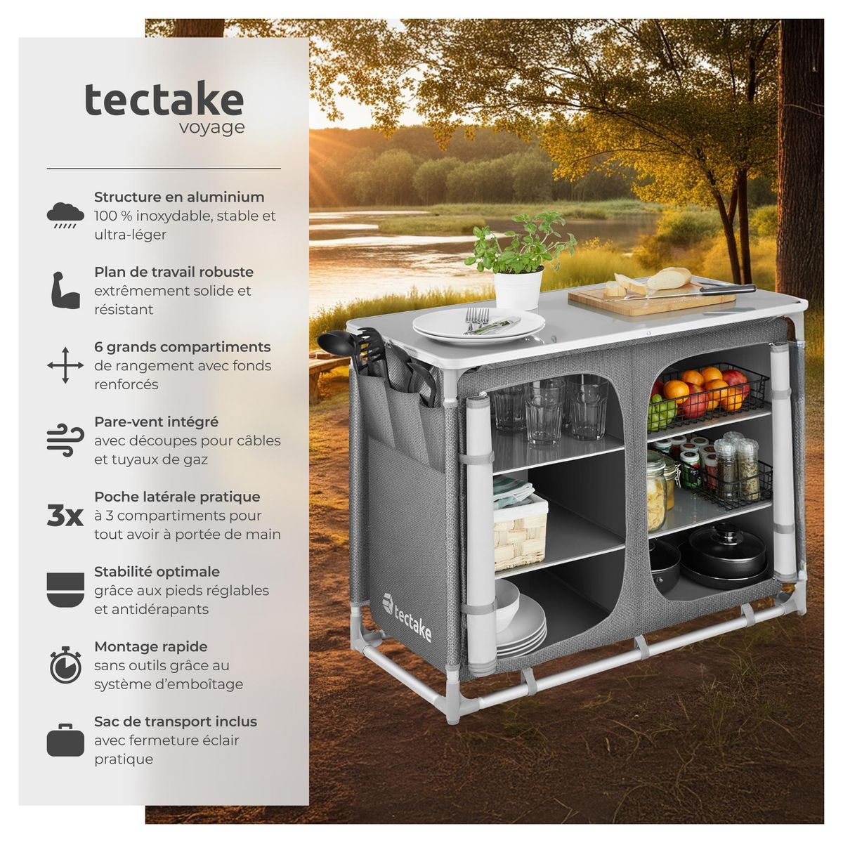 tectake Meuble de camping deluxe avec 6 compartiments pliable gris