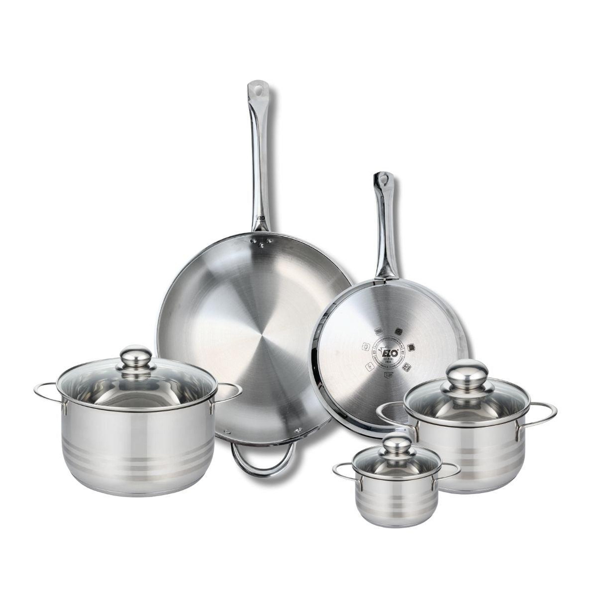 ELO Ensemble de 2 poêles de cuisson 24 et 32 cm et 3 faitouts 12, 16 et 20 cm elo profi brillant