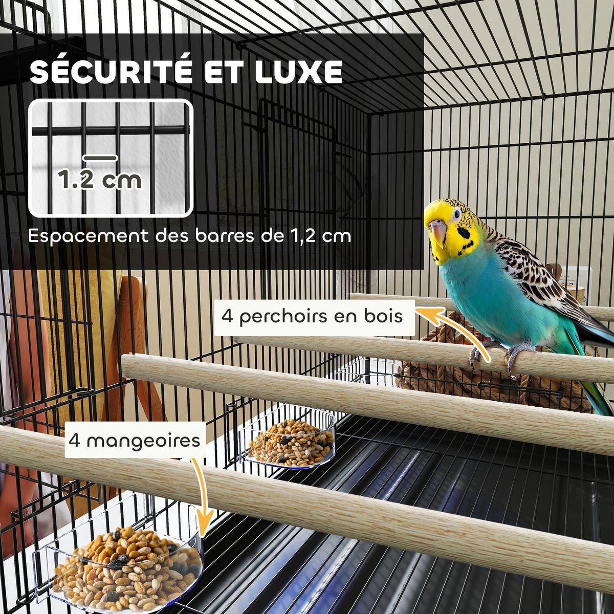 PAWHUT Cage à oiseaux volière acier avec séparateur - 4 perchoirs, mangeoires, portes, trappes, plateau déjection - noir