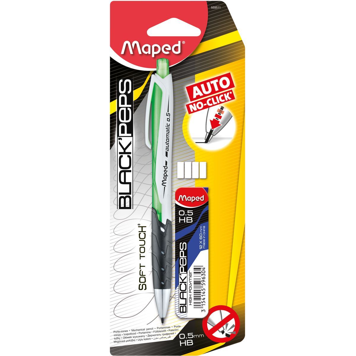 MAPED Porte mines automatique 0.5mm Black'Peps vert + 1 étui mines + 4 gommes