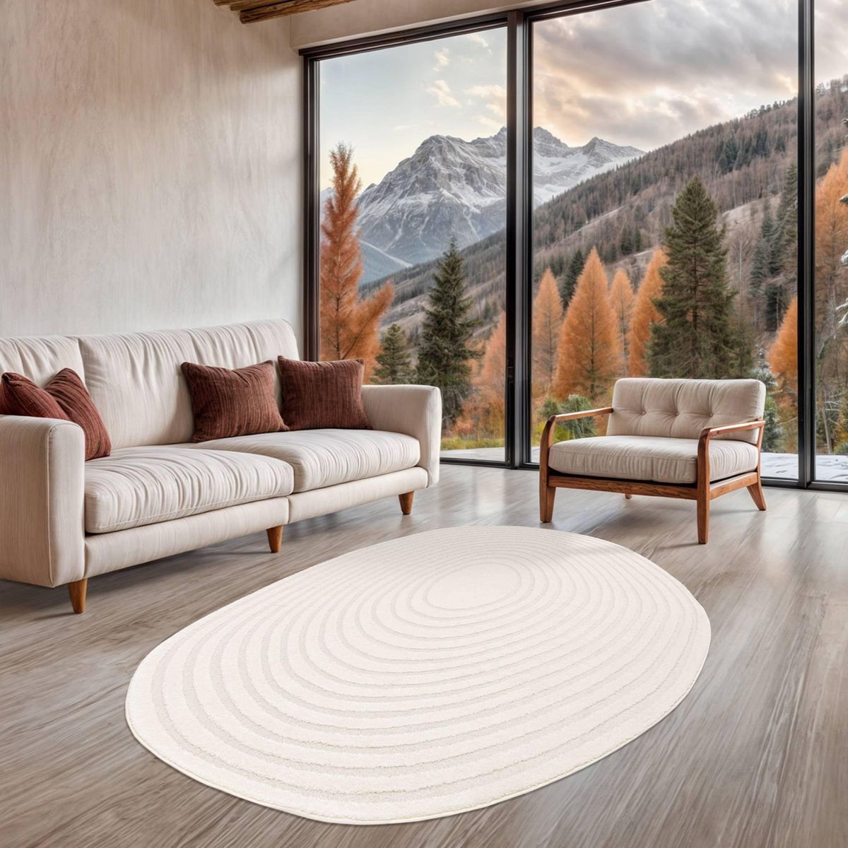 SWEEEK Tapis intérieur forme de galet motif circulaire crème Amanda 160x230cm