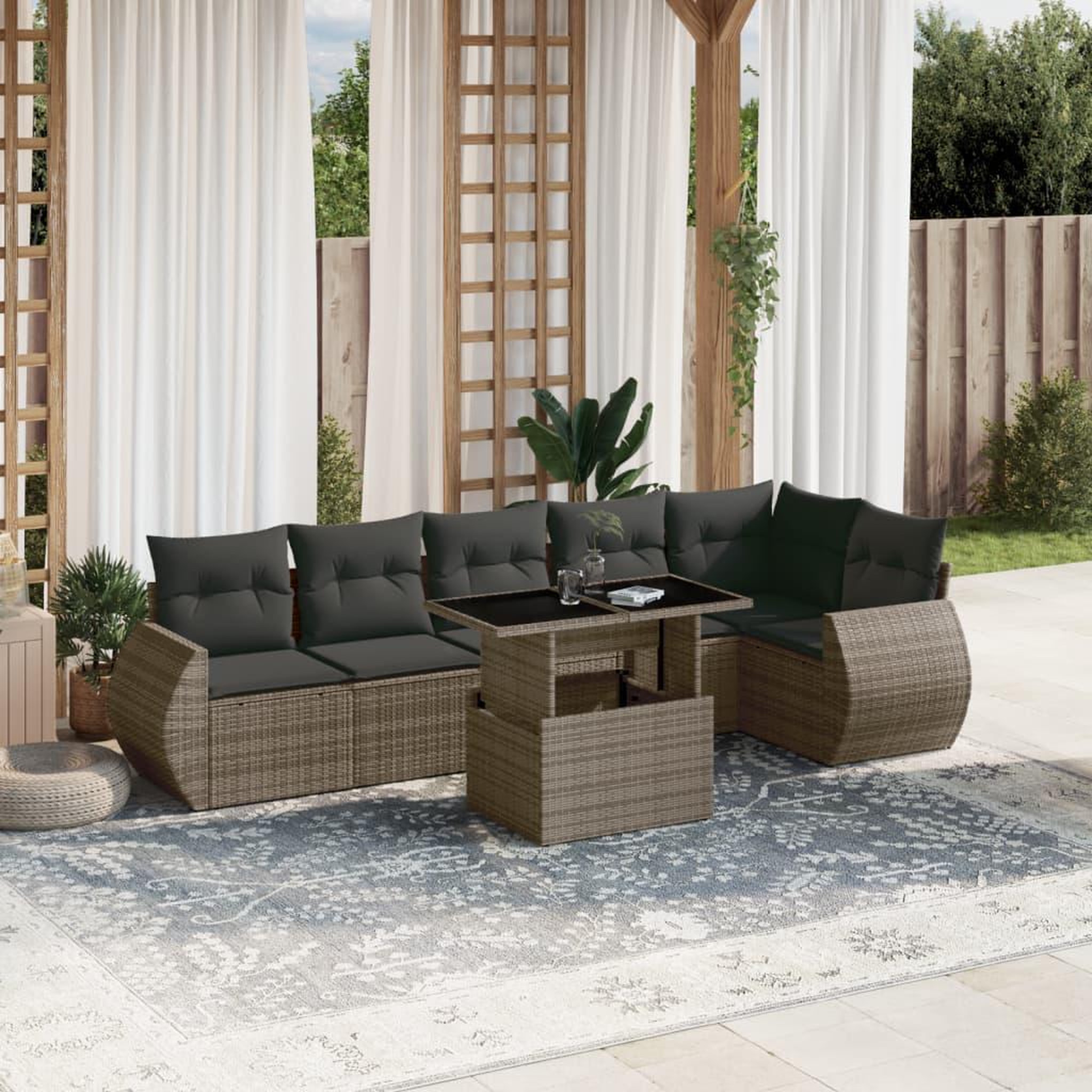 VIDAXL Salon de jardin avec coussins 7 pcs gris resine tressee