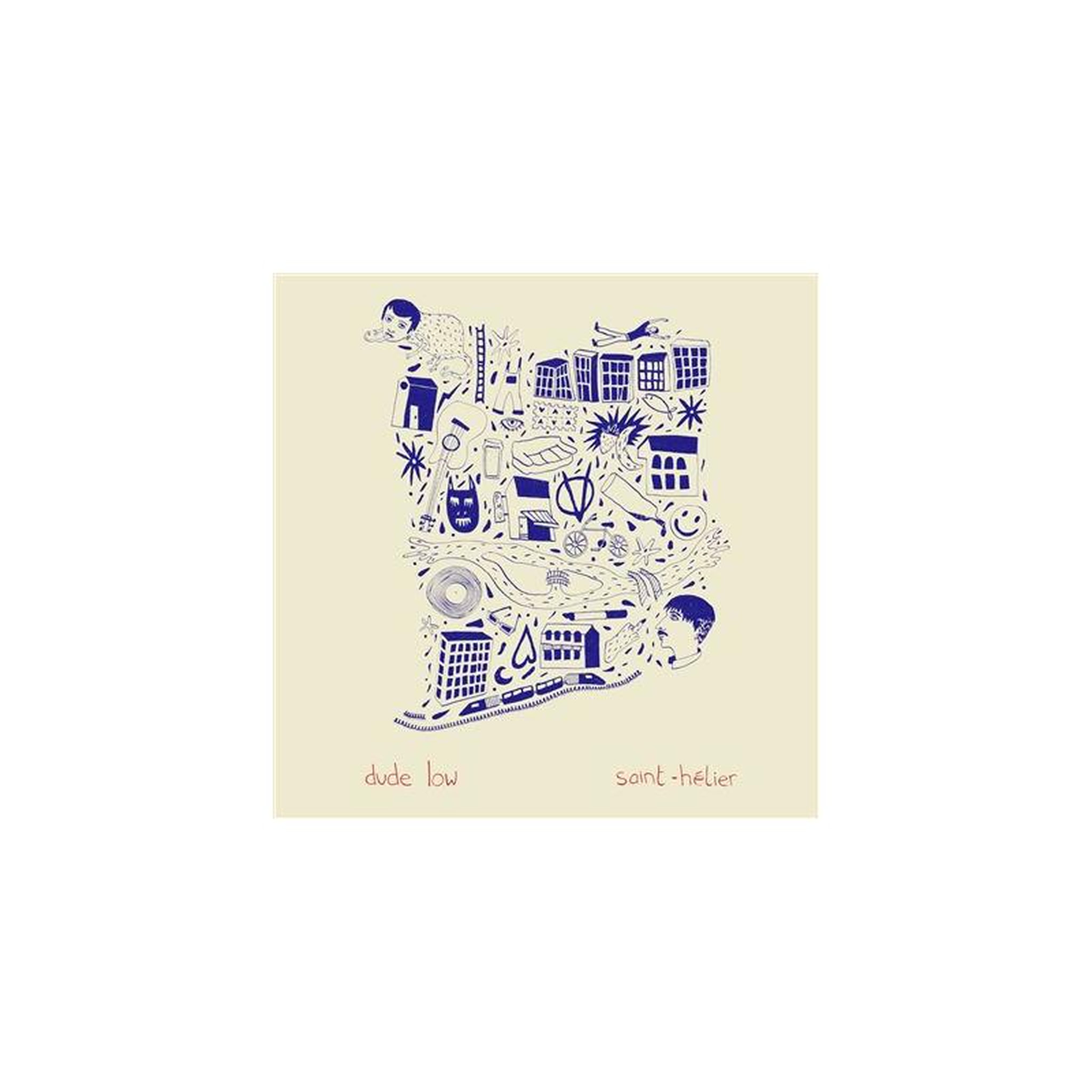 Art mural vinyle illustration ligne bleue saint-hélier sur fond beige clair sans marque