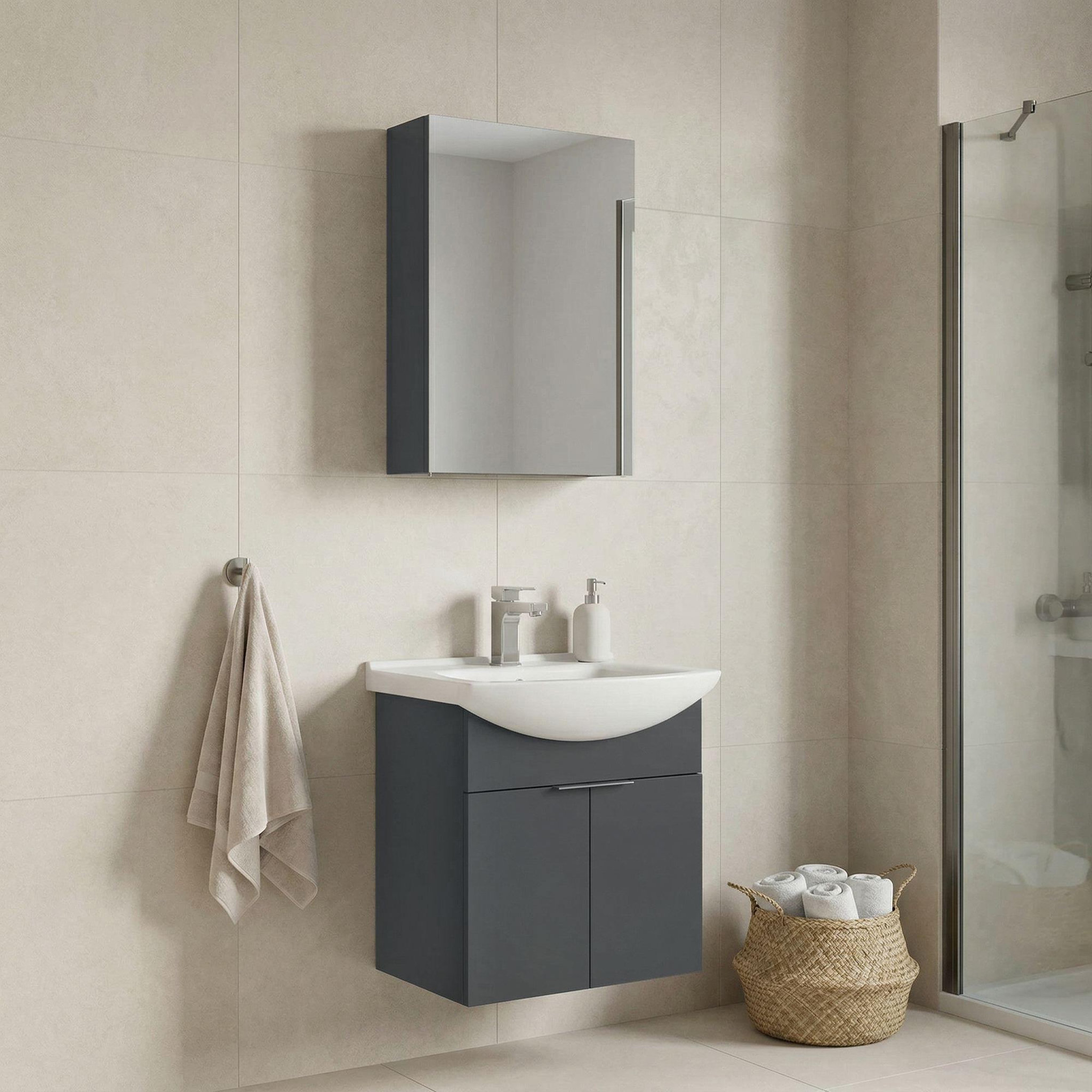 Voir la diapositive 2 : Habitat et Jardin Meuble avec simple vasque et miroir  Purus 55  - 55 x 50 x 58 cm - Matte Anthracite