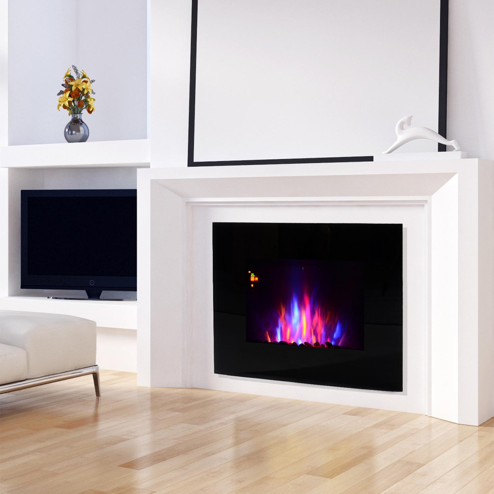 Voir la diapositive 2 : HOMCOM Cheminée électrique murale LED 7 effets flammes + 7 couleurs ambiance + galets télécommande thermostat 1000-2000 W minuterie noir