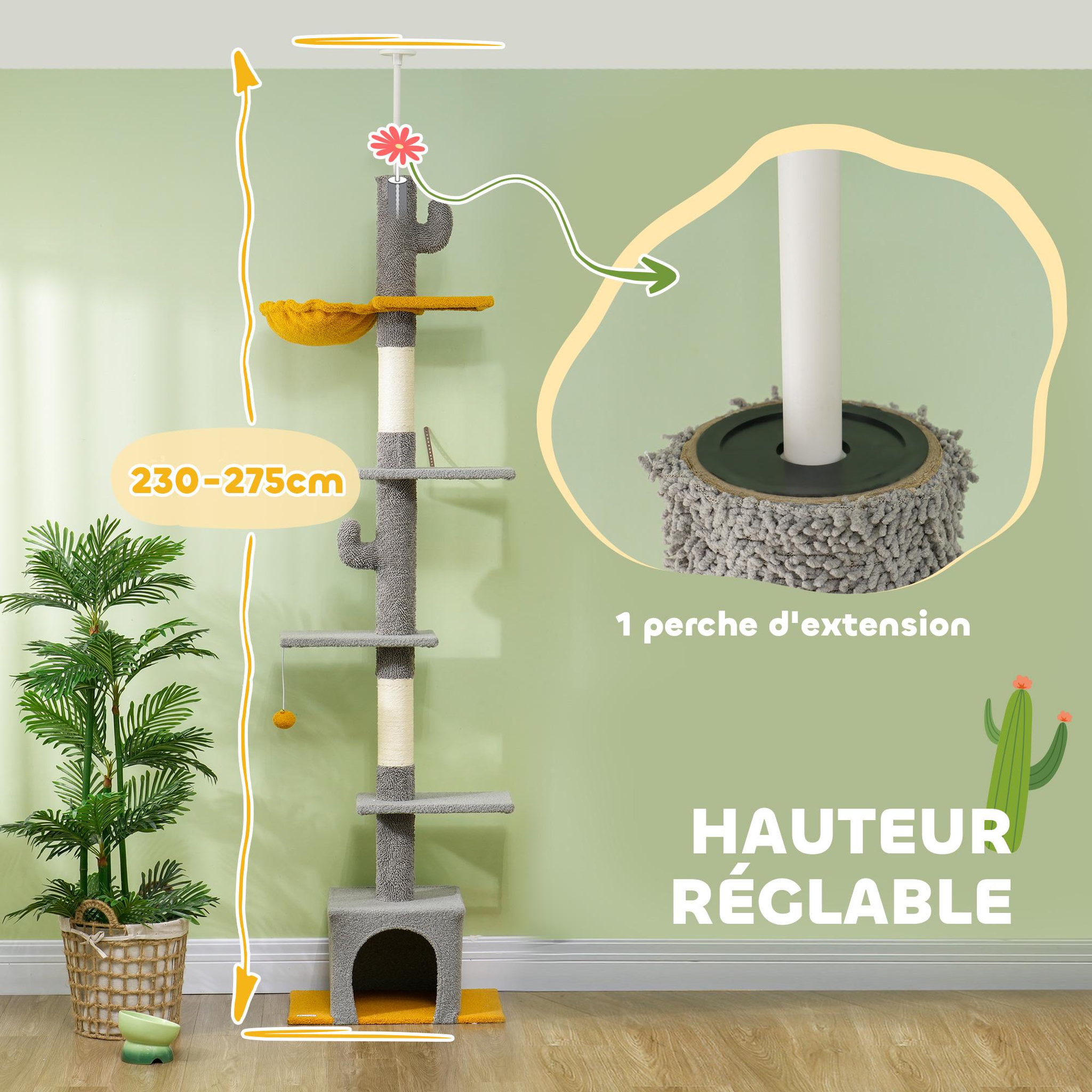 Voir la diapositive 5 : PAWHUT Arbre à chat cactus du sol au plafond - h. Réglable 230-275 cm - 6 niv. Équipement multiple - gris