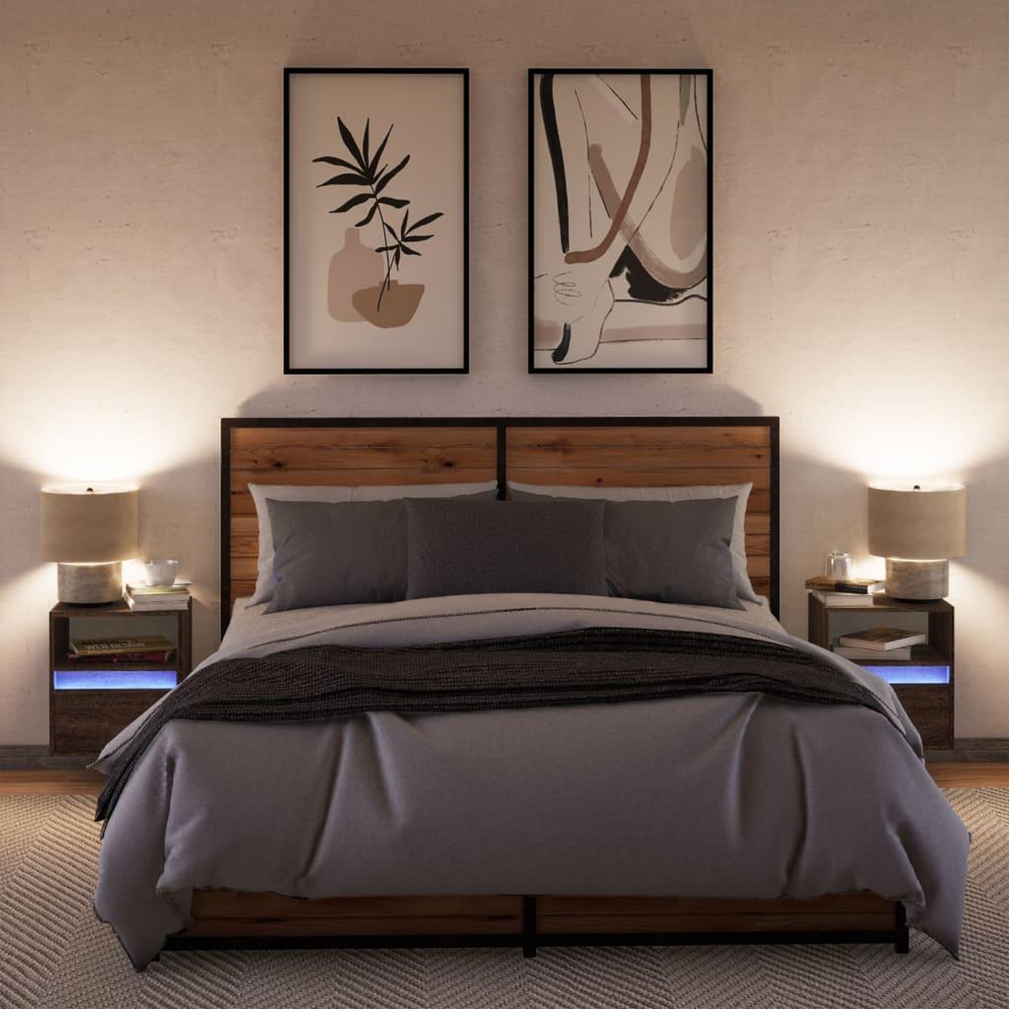 Voir la diapositive 4 : VIDAXL Tables de chevet murales avec lumieres LED 2 pcs chene marron