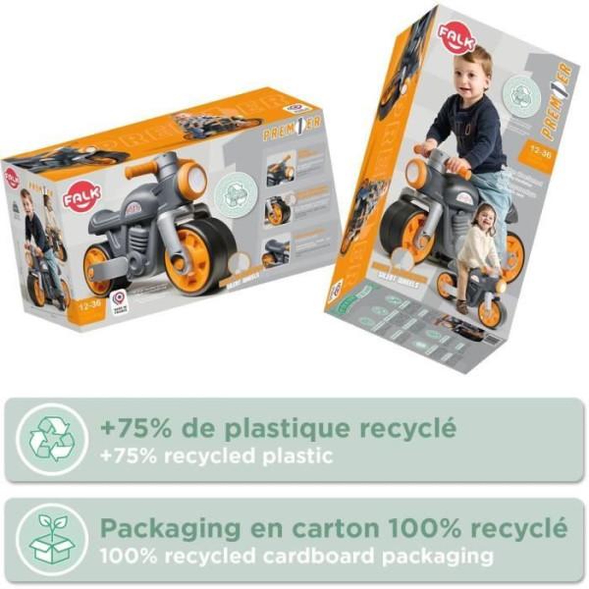 Voir la diapositive 5 : FALK Draisienne Velo  Moto Premier - FALK - Avec roues silencieuses - Gris - 75% Plastique Recyclé - 100% Fabriqué en France - Des 12 mo