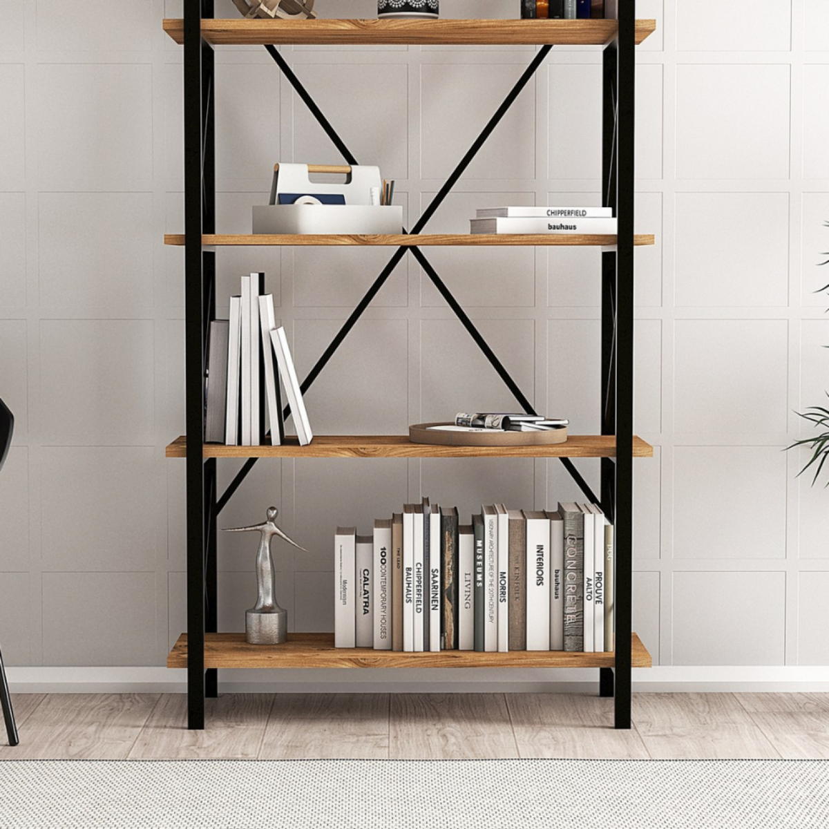 CONCEPT USINE Bibliothèque design en métal - 5 étagères - bois et noir FANI
