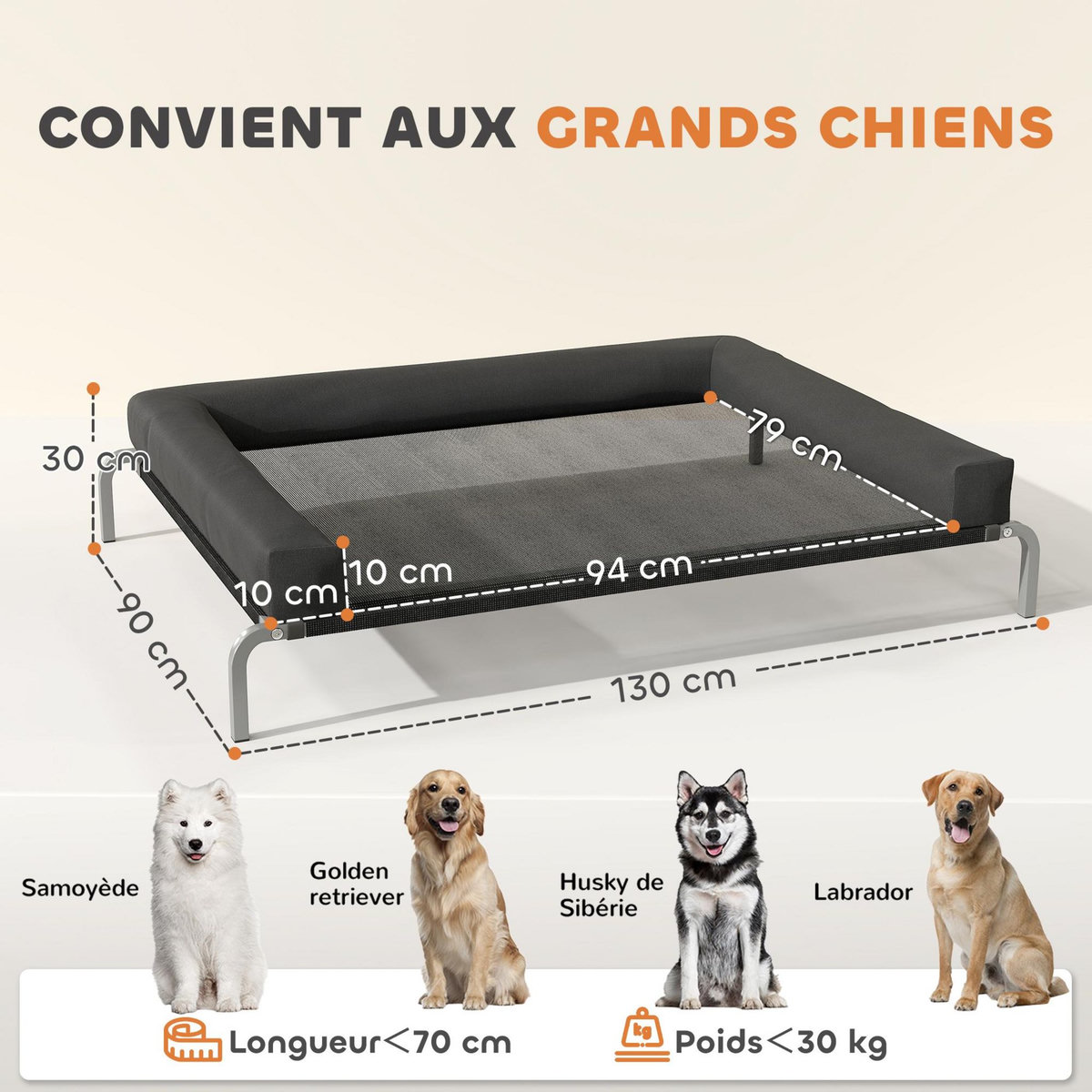 PAWHUT Transat pour animaux - lit pour chien - lit à pieds pour chien avec contour coussin dim. 130 x 90 x 30 cm - noir
