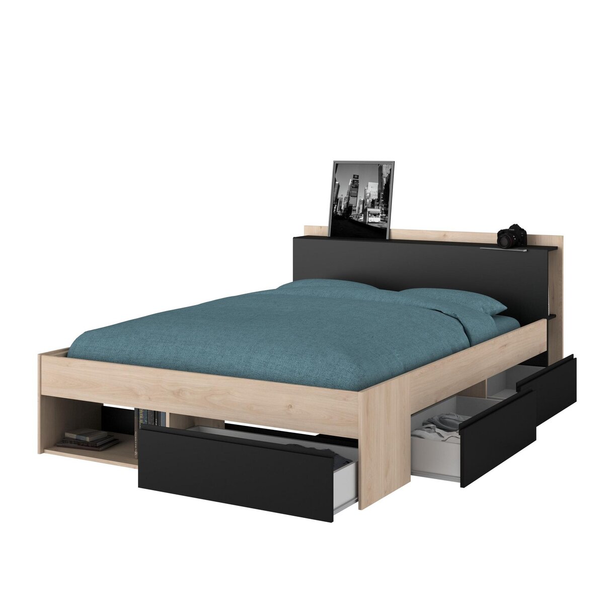 Lit double adulte 140x190 / 140x200 cm avec rangements BOOST