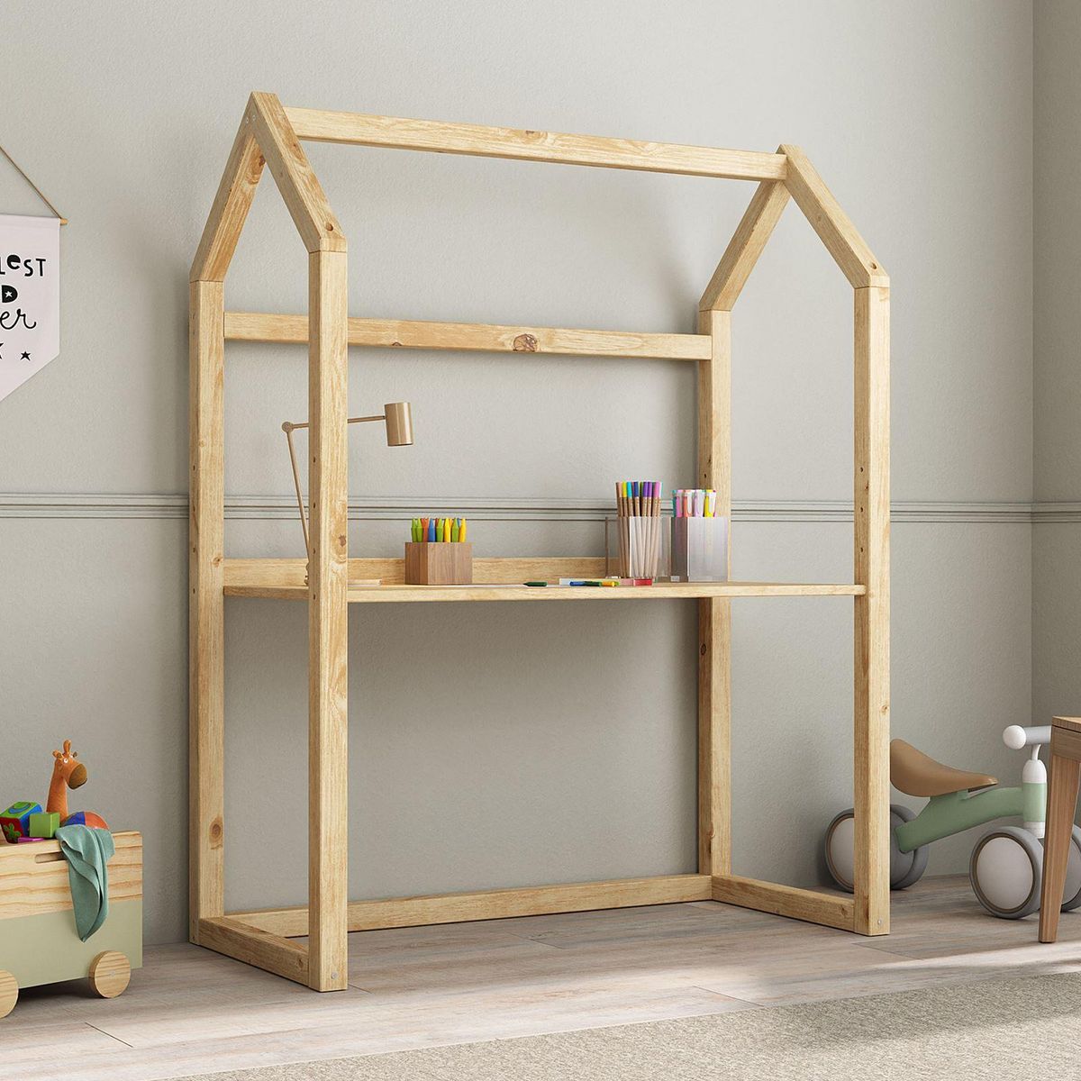 IDIMEX Bureau enfant évolutif TINA en forme de maison, en pin massif