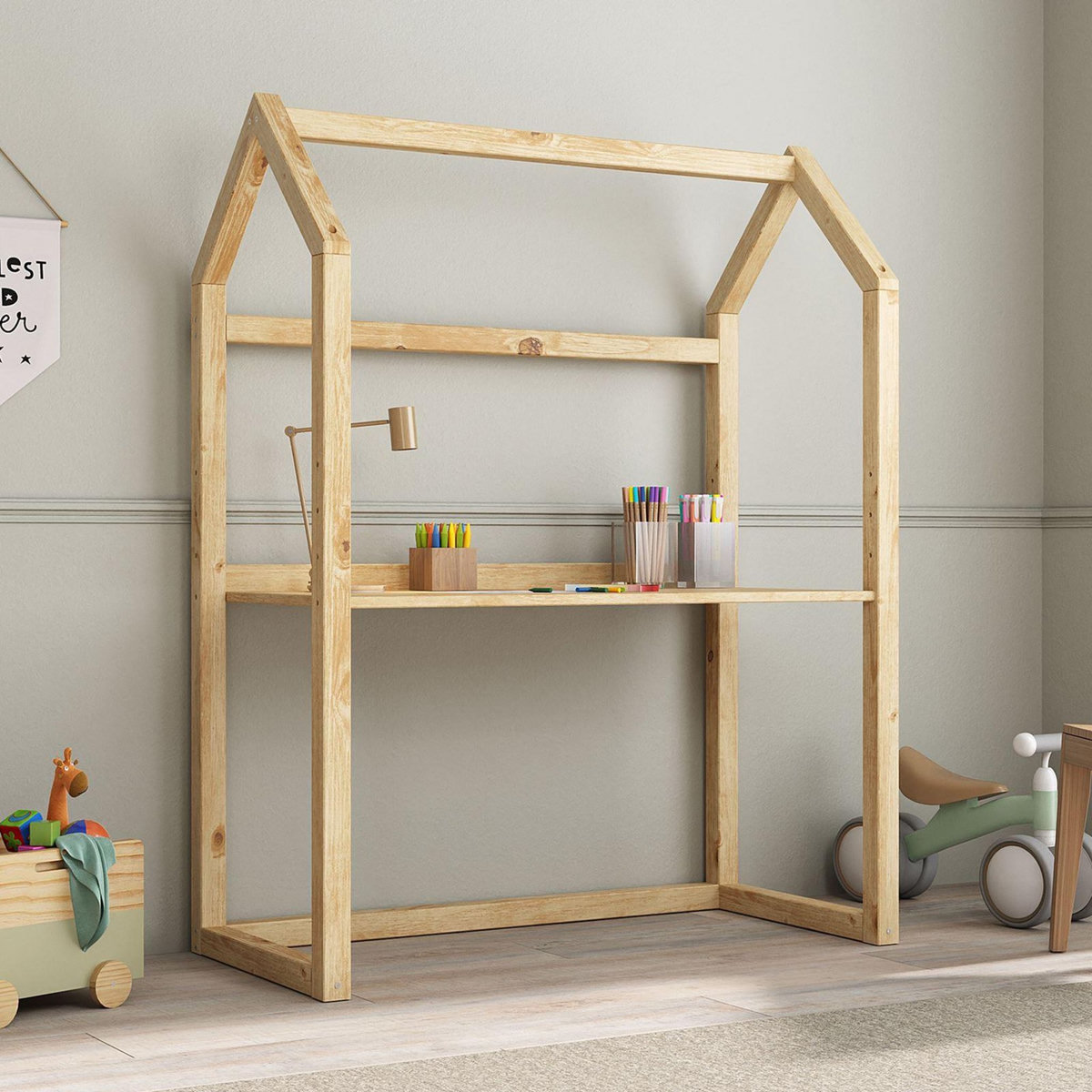 IDIMEX Bureau enfant évolutif TINA en forme de maison, en pin massif