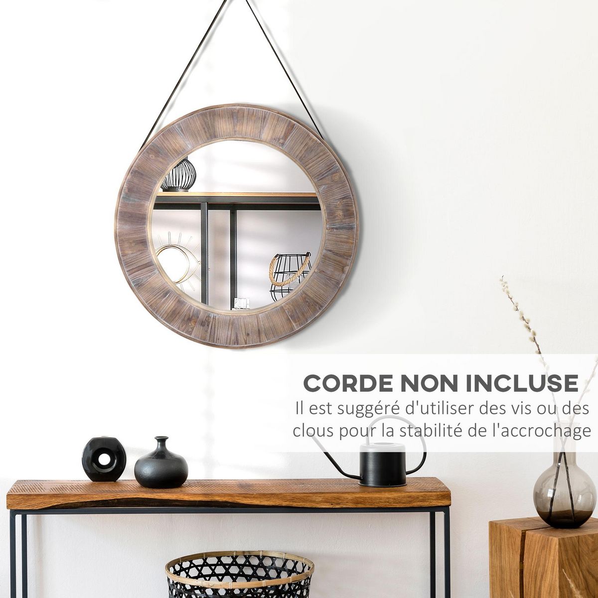 HOMCOM HOMCOM Miroir rond mural en bois de pin style naturel Ø 79 cm