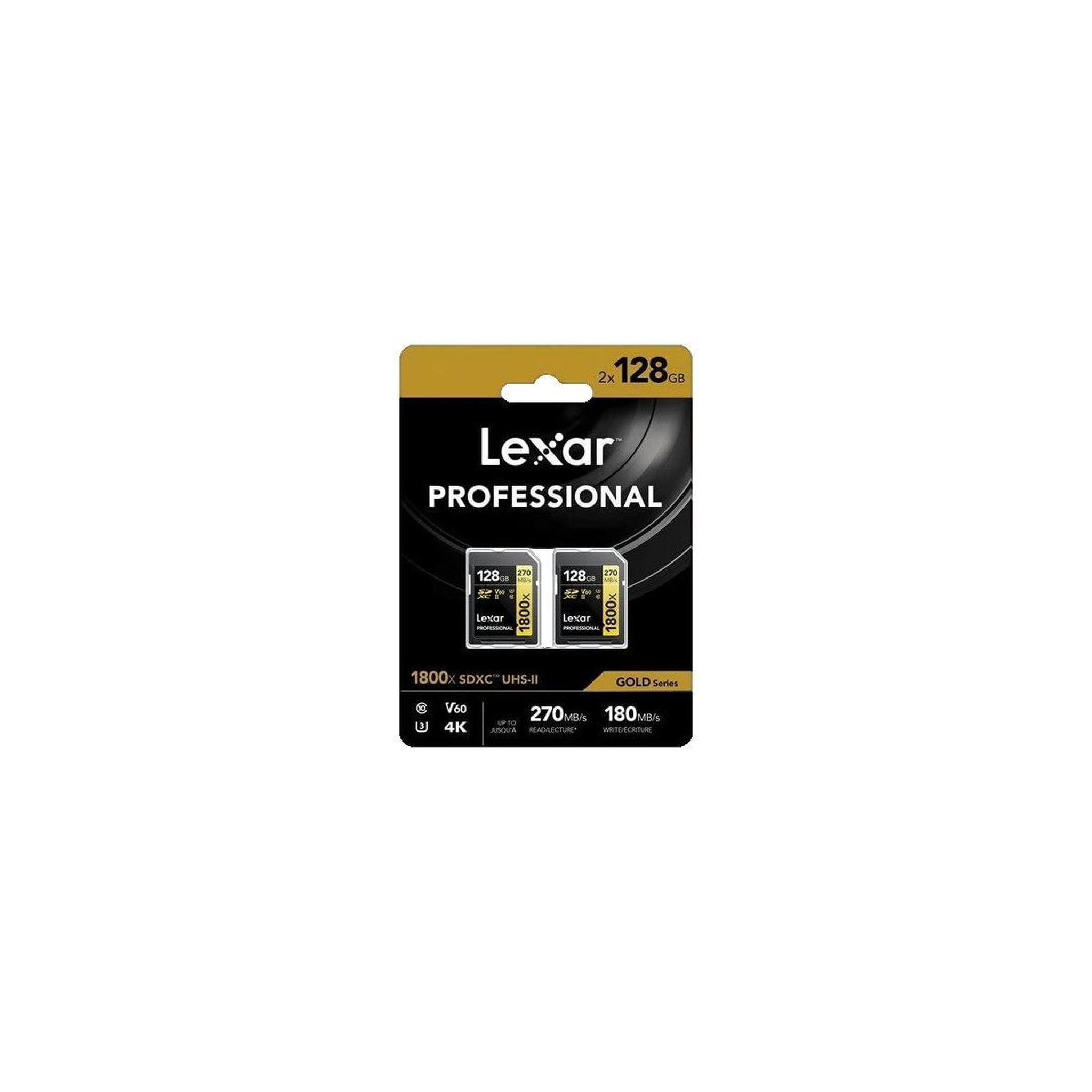 Lexar Carte Mémoire SDXC Lexar Professional GOLD Series 128 Go V60 UHS-II U3 Class10 1800x Pack de 2