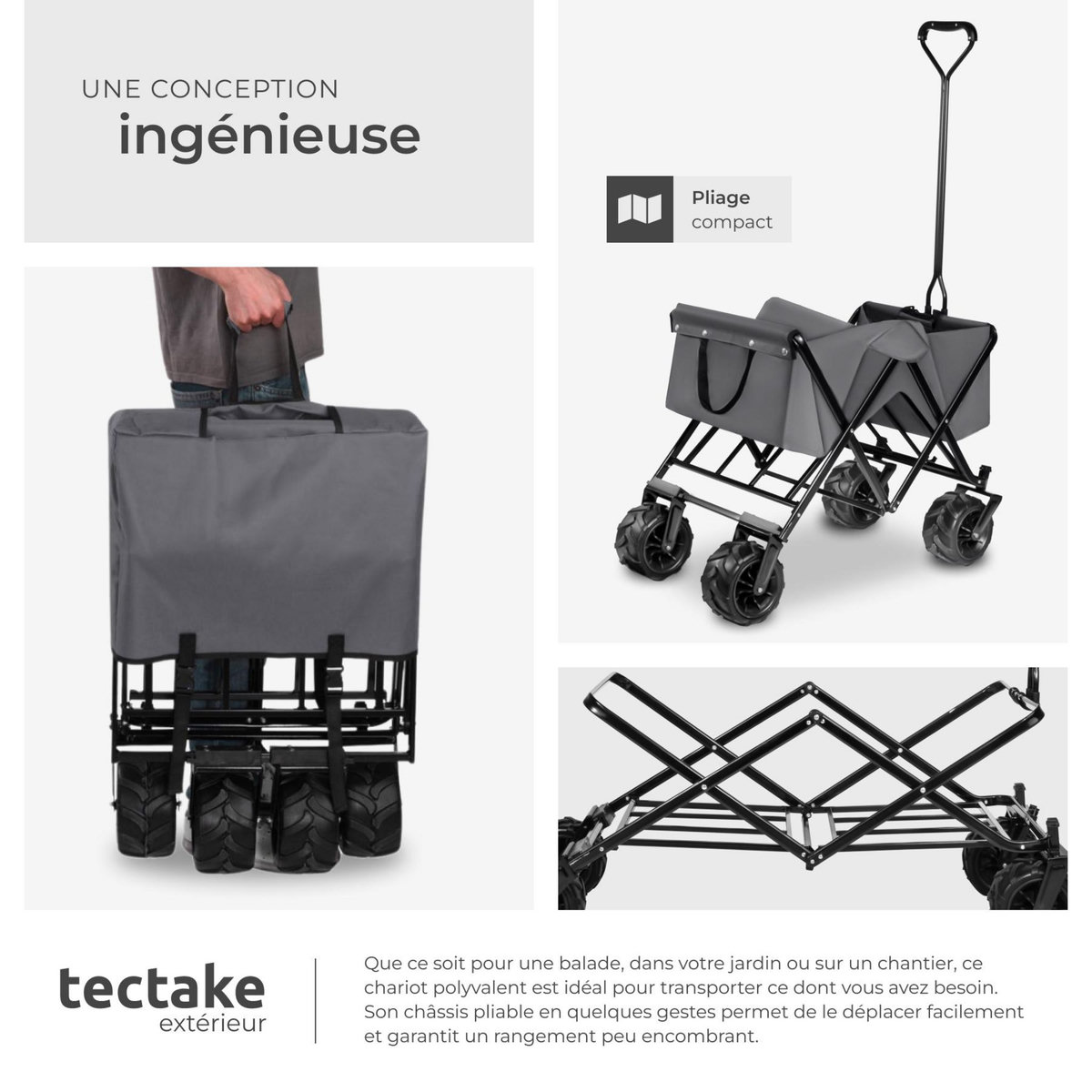 tectake Chariot de jardin et de transport pliable gris