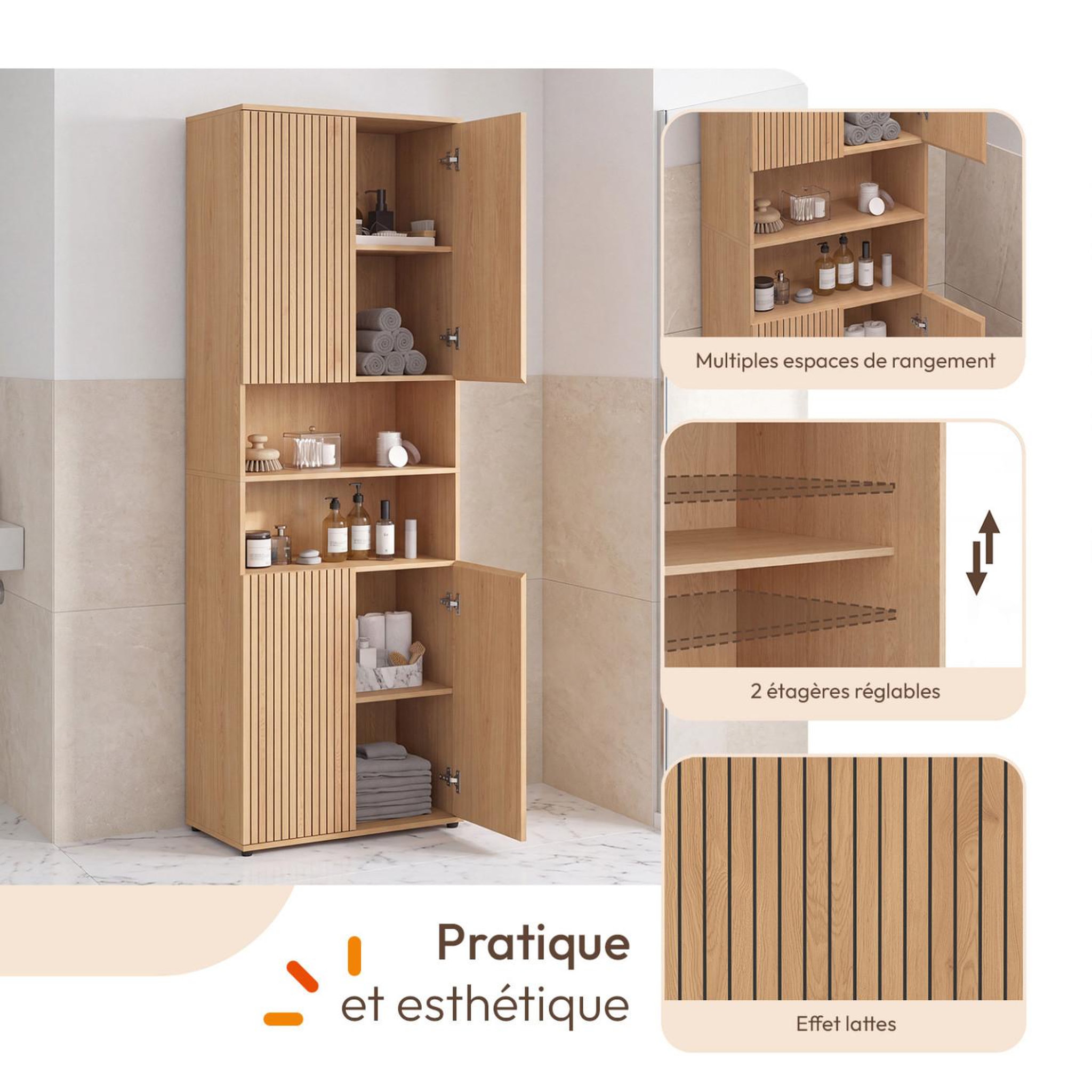 Voir la diapositive 4 : ID MARKET Meuble armoire colonne salle de bain VICTOR 4 portes 2 niches effet lattes