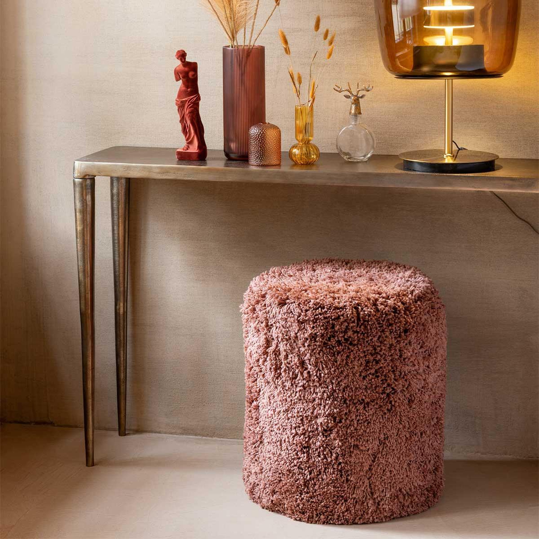 Voir la diapositive 4 : J-LINE Pouf cylindre  duveteux  50cm brique