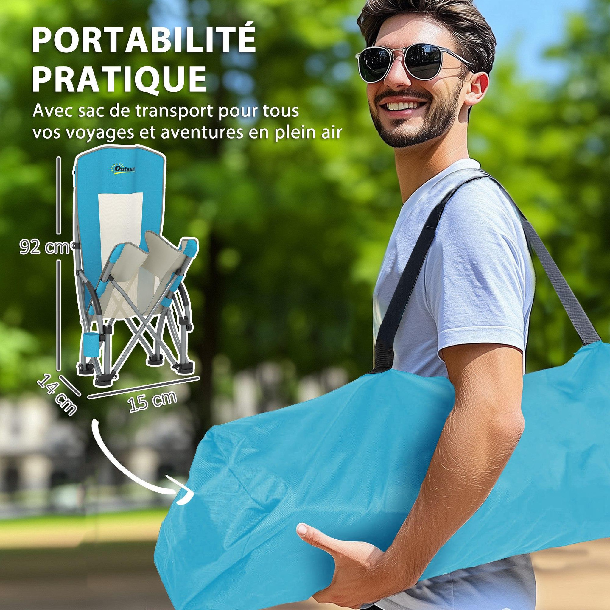 Voir la diapositive 4 : OUTSUNNY Lot de 2 chaises de plage pliantes - chaise de camping compacte légère poids net 2,7 Kg - métal polyester textilène bleu